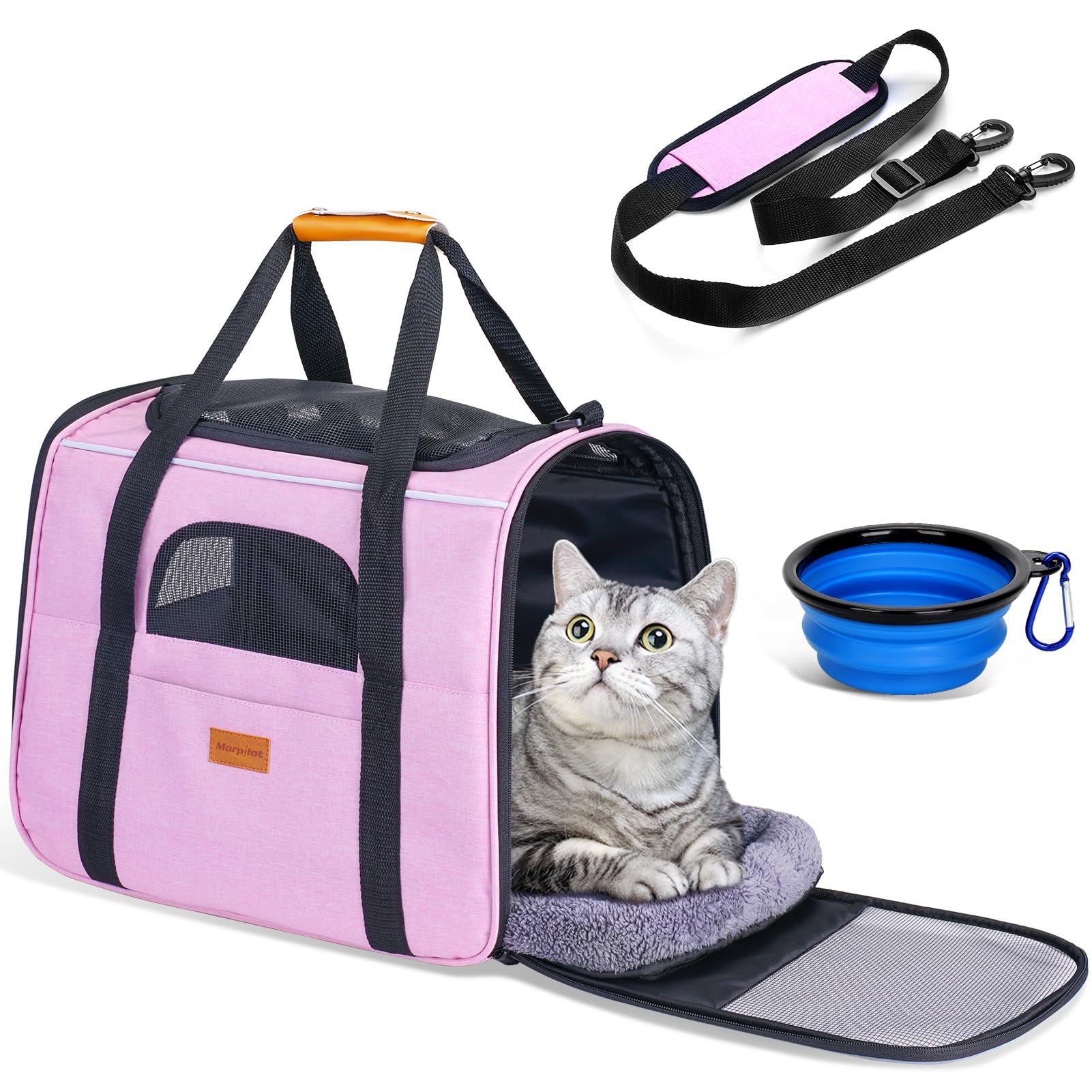 Morpilot Portable Cat Carrier - Soft Sided Cat Carrier For Medium Cats And Puppy Up To 15Lbs, Pet Carrier With Locking Safety Zippers, Foldable Bowl, Airline Approved Travel Dog Carrier - Pink