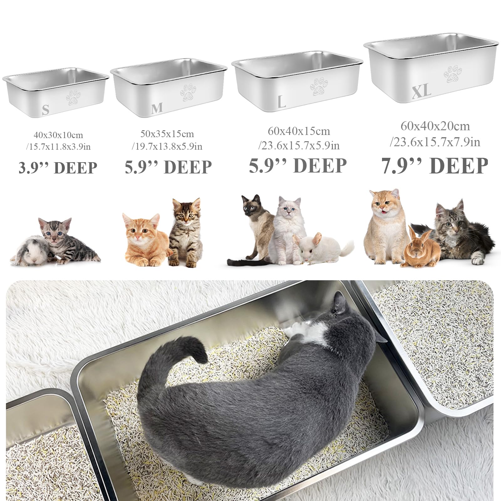 Pwtaa Stainless Steel Cat Litter Box High Side Cats Toilet Metal Kitten Litter Pan, Pet Cleaning Tool For Cats, Rabbits, Splash-
