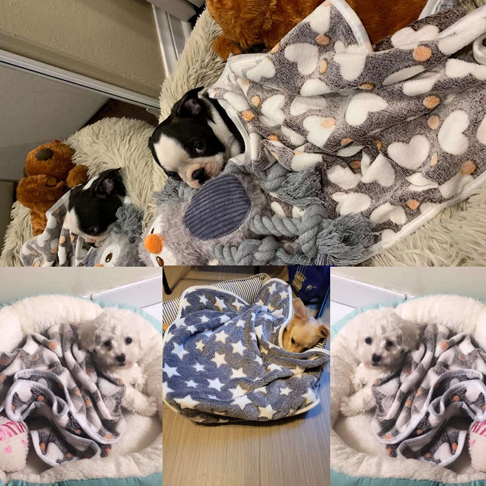 1 Pack 3 Puppy Blankets Super Soft Warm Sleep Mat Grey Cute Print Fluffy Fleece Pet Flannel Throw Dog Blankets For Small Dogs Cats,Star&Bone&Love- Small (23'X15')