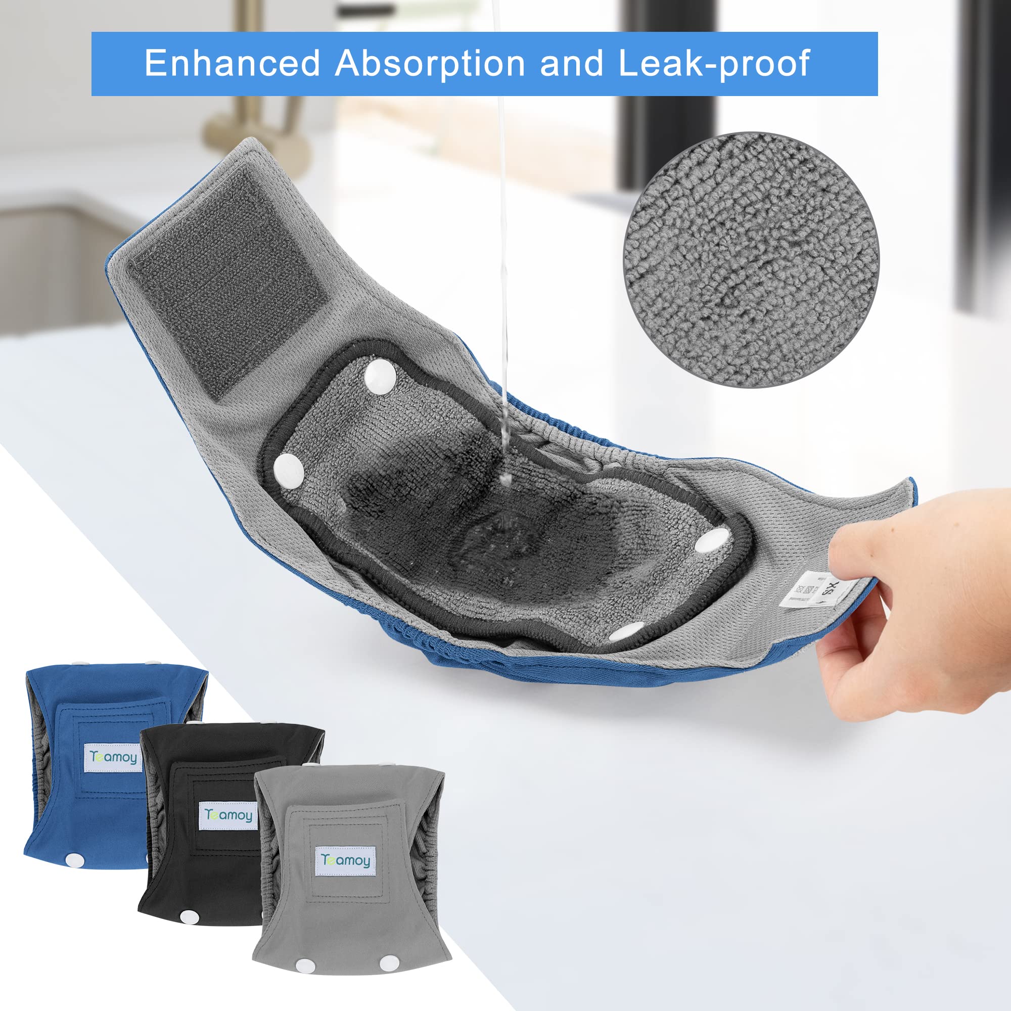 Teamoy Belly Bands For Male Dogs With Removable Pads, Reusable Washable Puppy Dog Diaper Wraps With Gray Lining(Pack Of 3),Xs