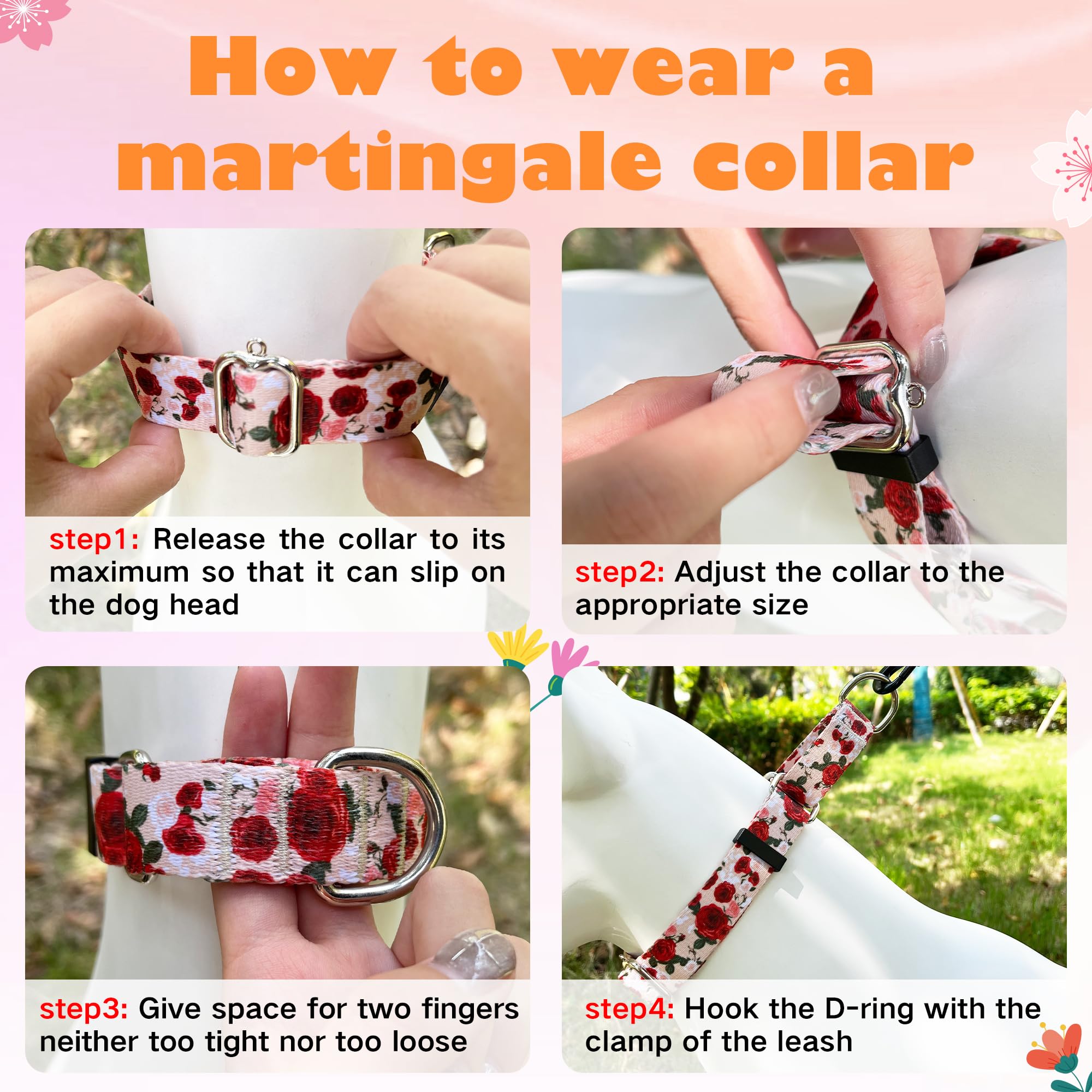 Hikiko Martingale Collar For Dogs With No Buckle Female Designer Floral Dog Collar Nylon No Pull Dog Collars For Medium Dogs,Red