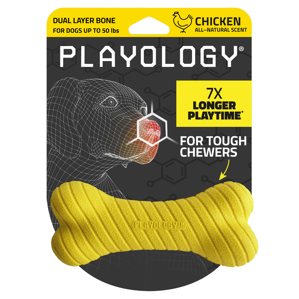 Playology Dual Layer Bone | Engaging All Natural Chicken Scented Dog Toy, Yellow Bone For Medium Dogs Up To 50Lbs | Interactive & Durable For Tough Chewers