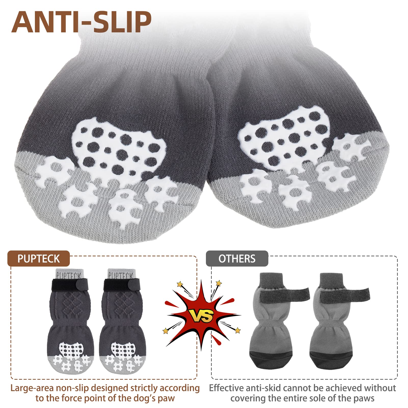 Pupteck Comfortable Anti-Slip Dog Socks 3 Pairs Soft Pet Paw Protection For Indoor Wear, Elastic Magic Straps For Small Medium Large Doggies Traction Control