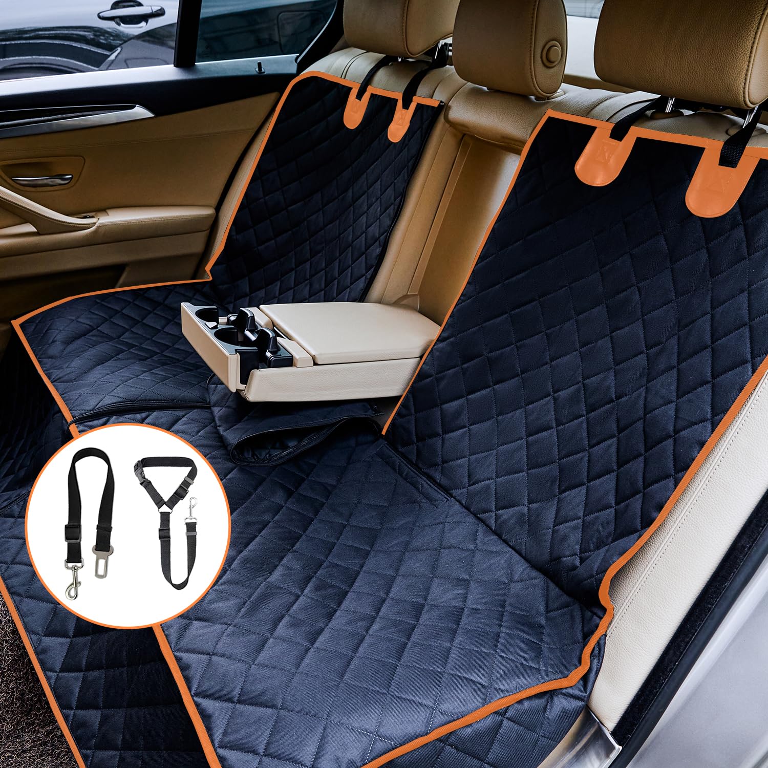 Nestroad 4-In-1 Dog Car Seat Cover For Back Seat,Convertible Front Seat Covers Heavy-Duty And Nonslip Backseat Protector Cover For Cars,Trucks & Suvs,Black&Orange