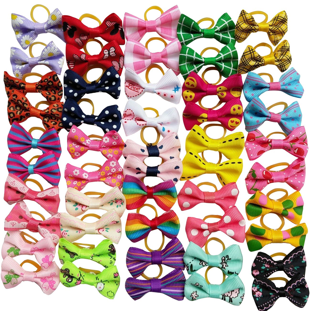 Chenkou Craft 50Pcs/25Pairs Puppy Yorkie Dog Hair Bows With Rubber Band Pet Grooming Products Mix Colors Varies Patterns Pet Hair Bows Dog Accessories