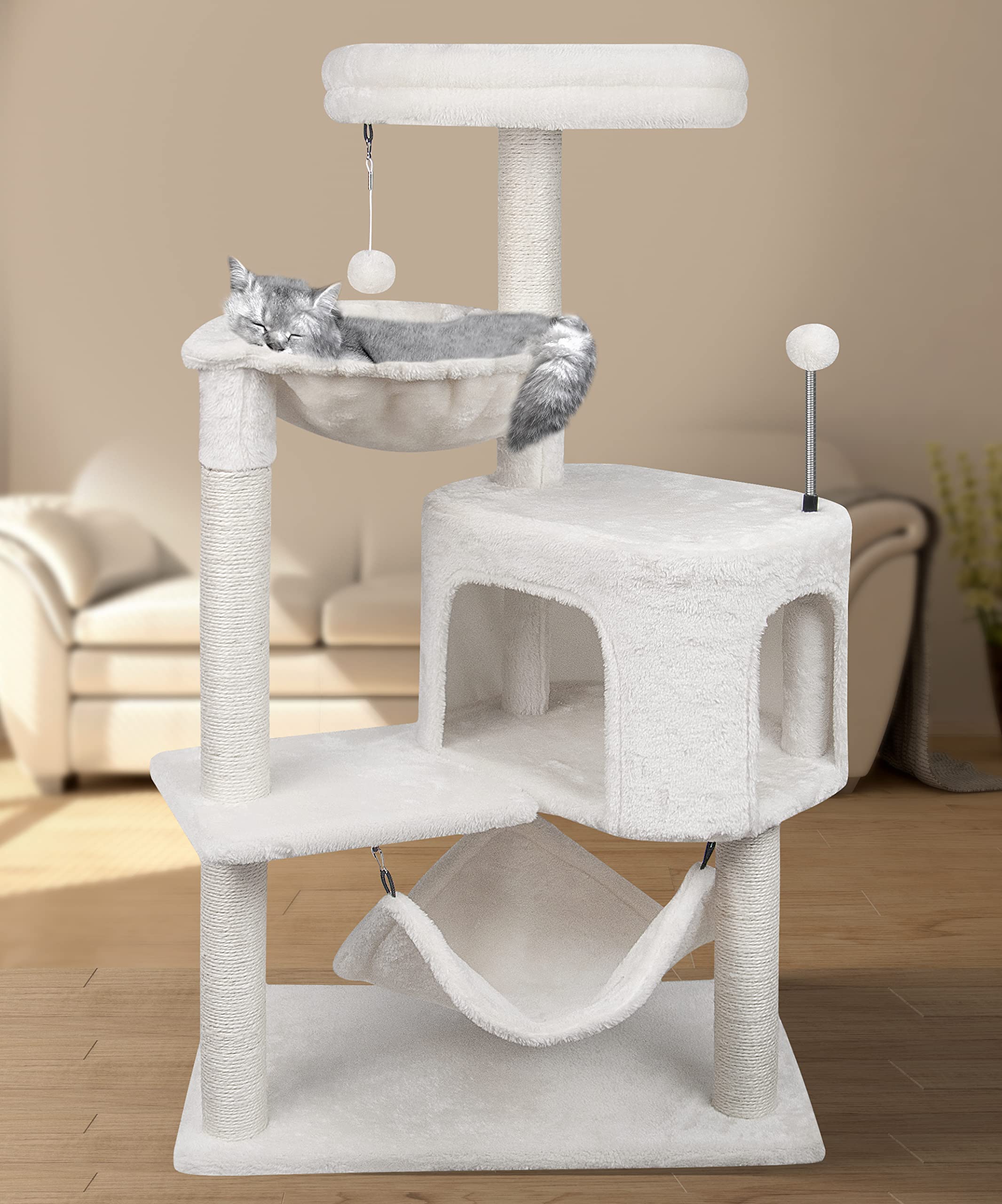 Yunique Newest Cat Tree With Cat Condo And Big Hammock, Beige