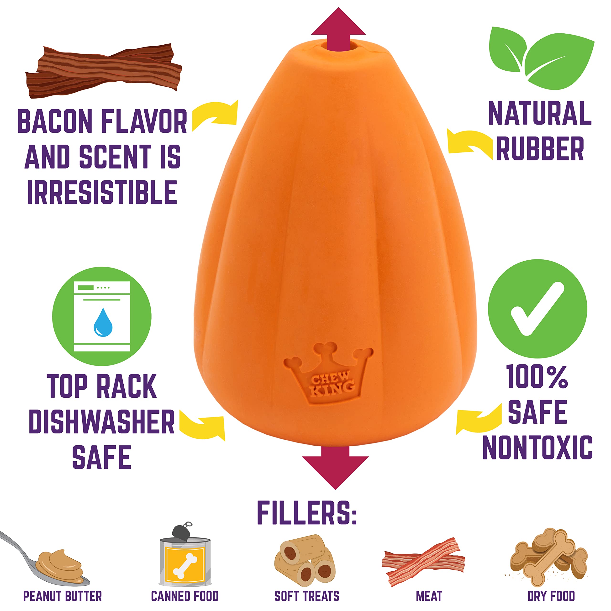 Chew King Premium Treat Dog Toy, Extremely Durable Natural Rubber Toy, Bacon Flavored Dog Toy, Orange, X-Large