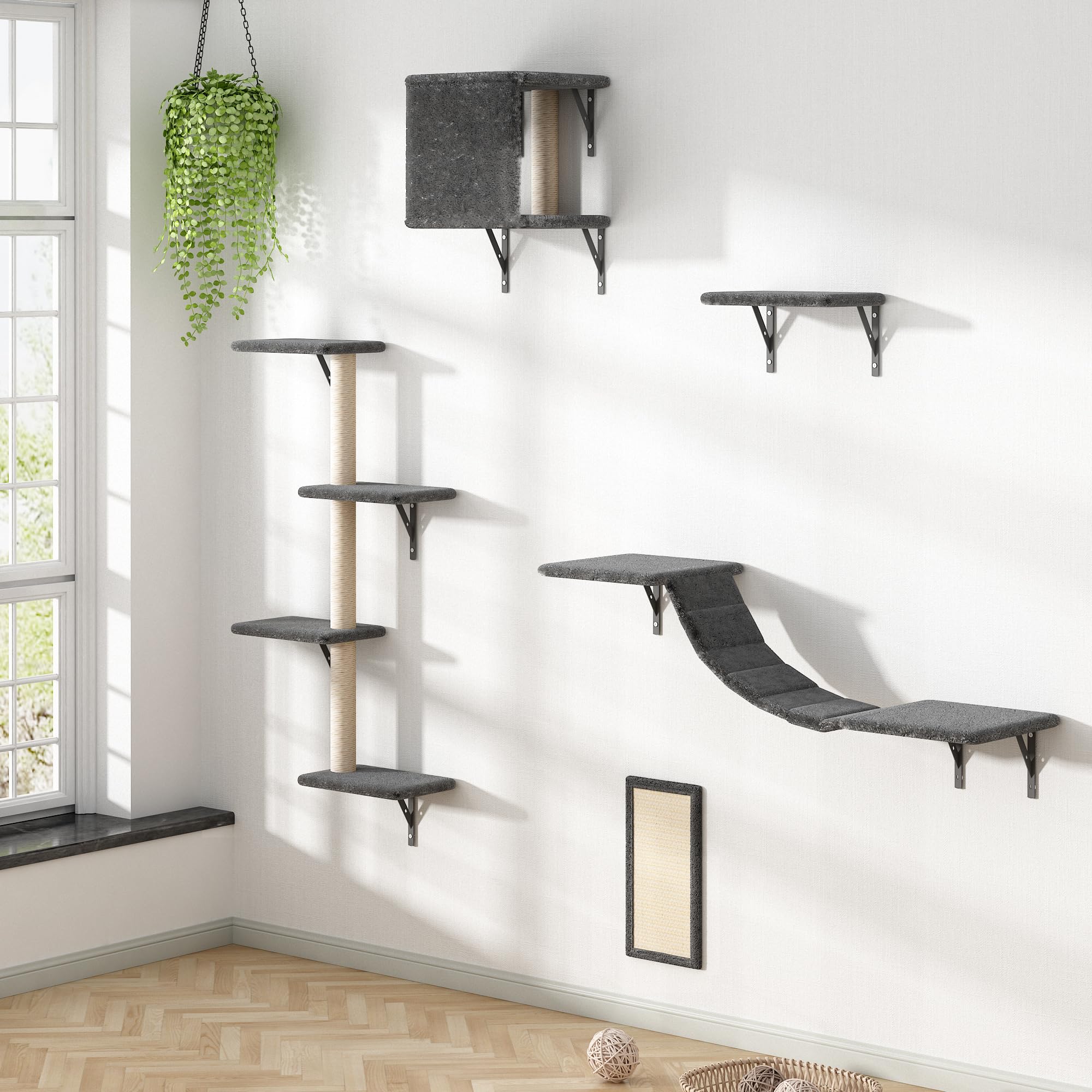 COZIWOW Cat Wall Shelves and Mounted Perches, Cat Climber Set with 5pcs Including Cat Scratching Post, Hanging Bed, House, Steps
