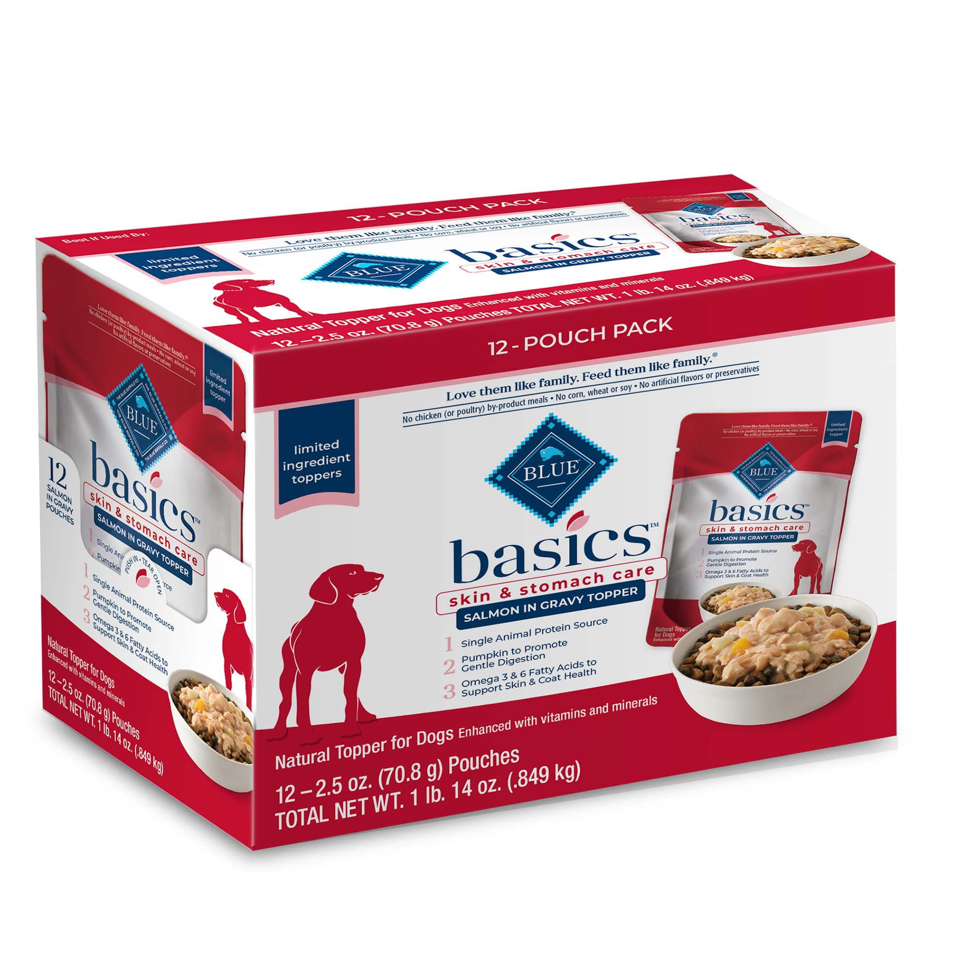 Blue Buffalo Basics Skin & Stomach Care Natural Wet Dog Food Topper, Salmon in Gravy 2.5oz Pouch (12 Pack)