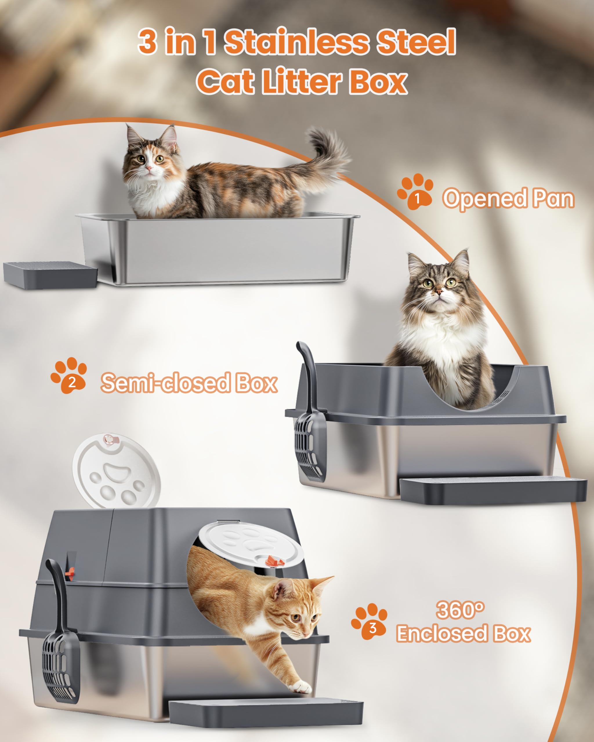 Stainless Steel Litter Box with Lid XL Large Enclosed High Sided Covered Metal Steel Cat Litter Box with Steps Scoop, Easy Clean