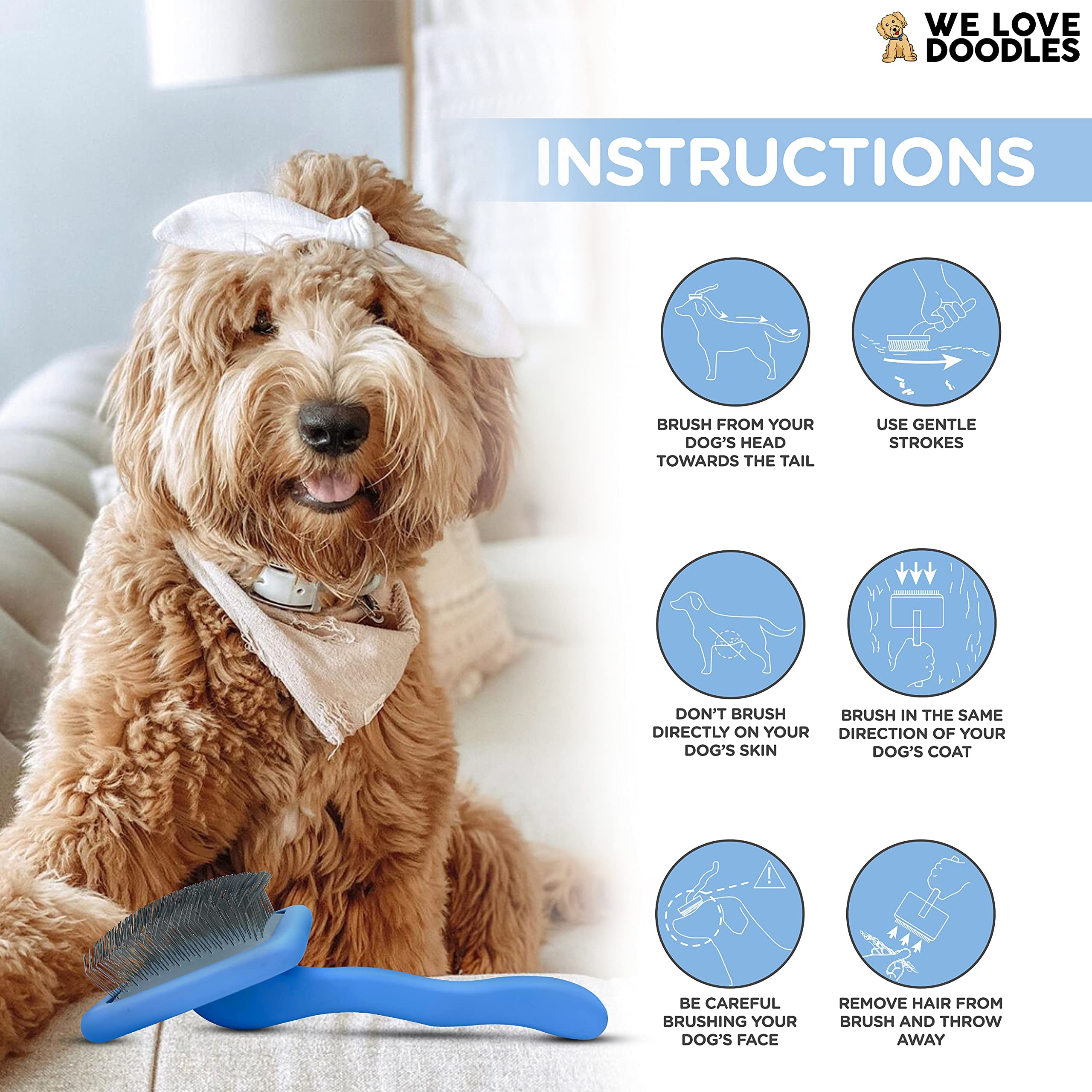 We Love Doodles Dog Slicker Brush For Grooming Pet Hair - Best Brushes For Poodle & Golden Doodle - Long Haired Brush For Dogs - Goldendoodle Long Pin Brush For Dematting (Large)