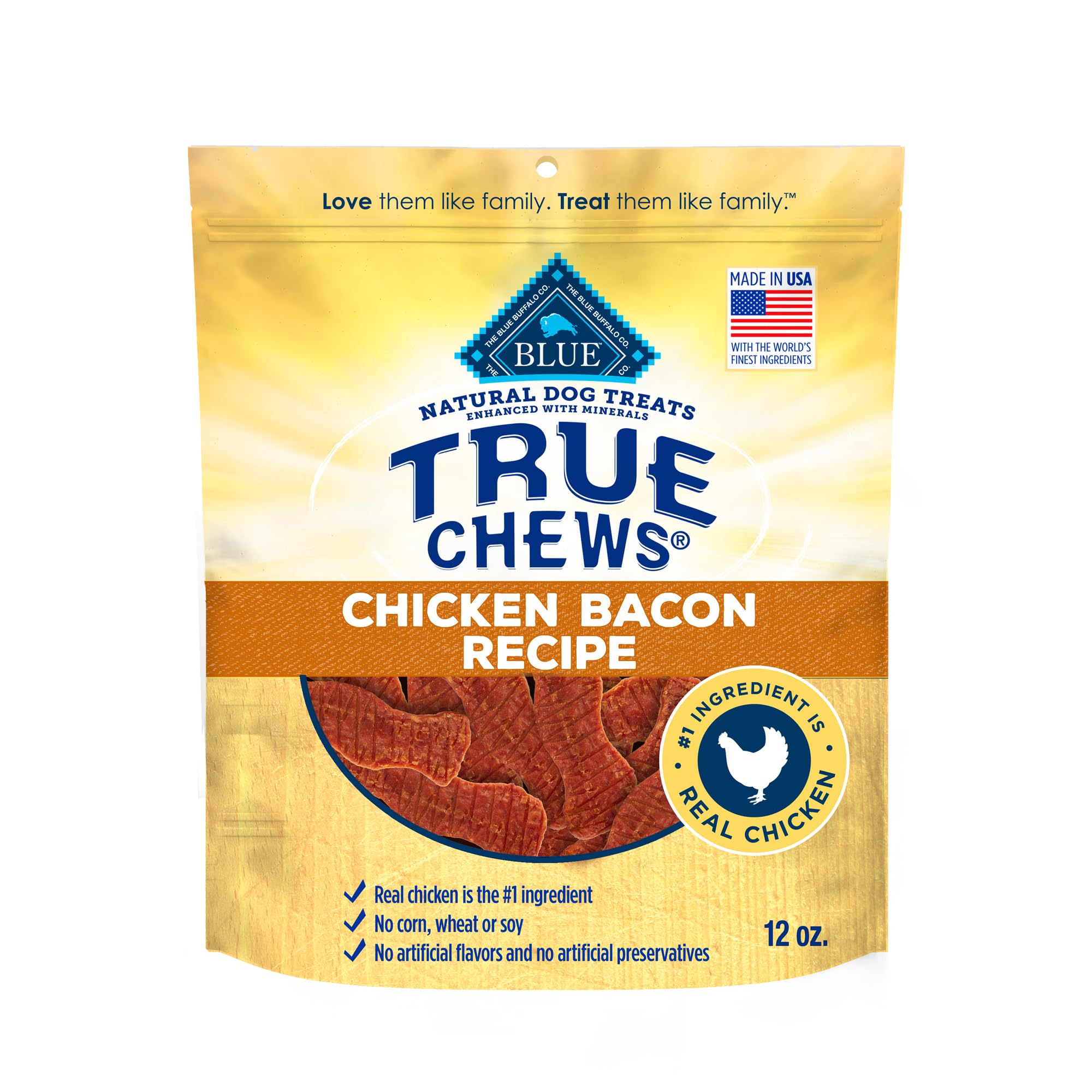 Blue Buffalo True Chews Dog Treats, Made in the USA with Natural Ingredients, Chicken Bacon Recipe, 12-oz Bag