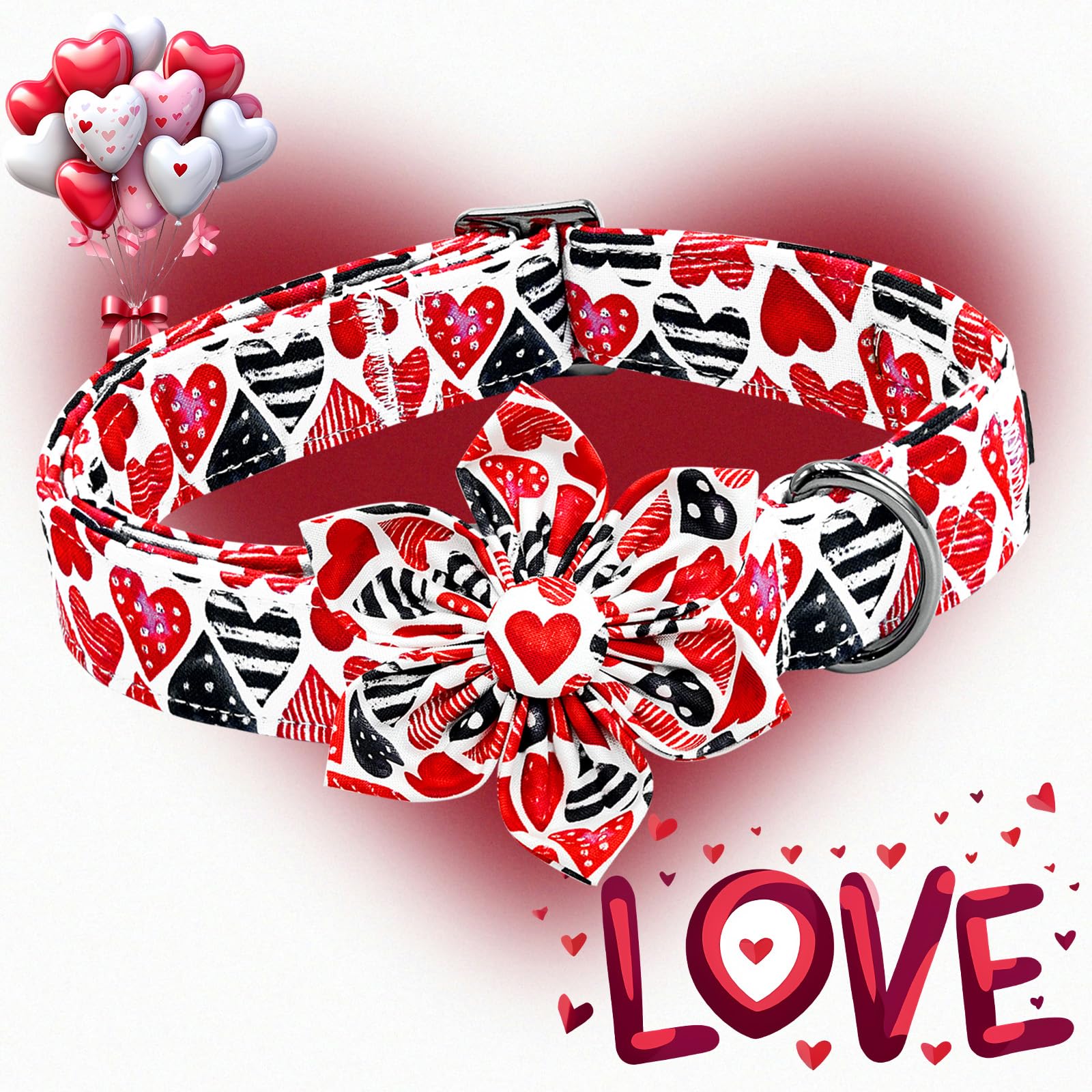 Lionheart Glory Valentine'S Day Dog Collar-Red Hearts Print Dog Collar With Flower For X-Small Dogs Spring Pink Cute Dog Bow Col