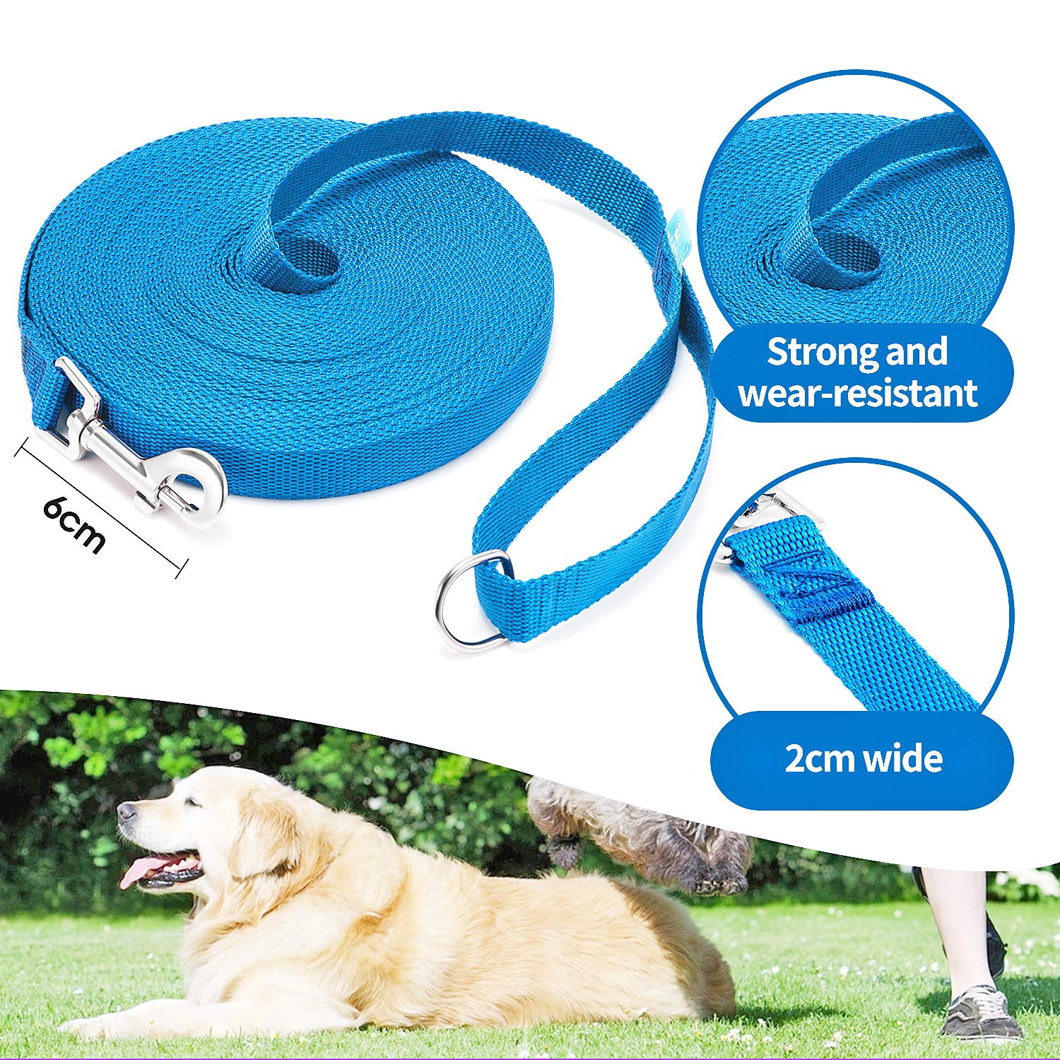 Baapet 15 Ft 20 Ft 30 Ft 50 Ft 100 Ft Long Dog Training Leash For Dog Training, Play, Camping, Or Backyard Lead With Training Clickers For Small, Medium And Large Dogs Or Cats (50 Feet, Blue)