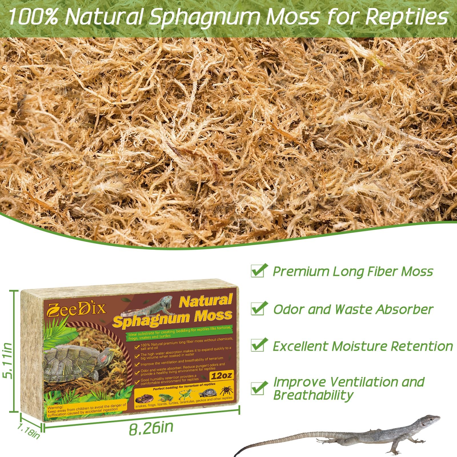 ZeeDix 12OZ Premium Sphagnum Moss for Reptiles, 20QT Dried Moss for Terrarium Long Fibered Leopard Gecko Moss Natural Sphagnum P