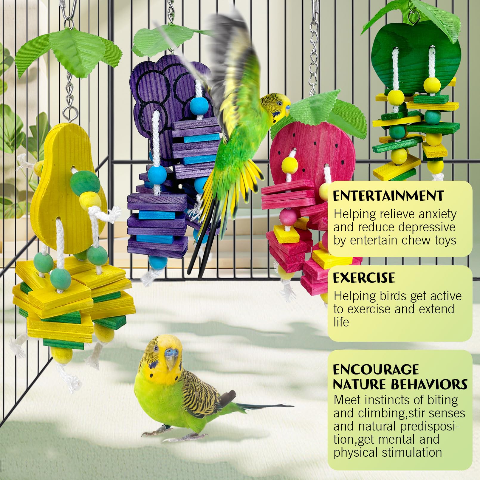 Hamiledyi Natural Wood Block Bird Cage Toys Parrot Chewing Toy Apple&Grape&Pear&Strawberry Shaped Hanging Foraging Toy For Small