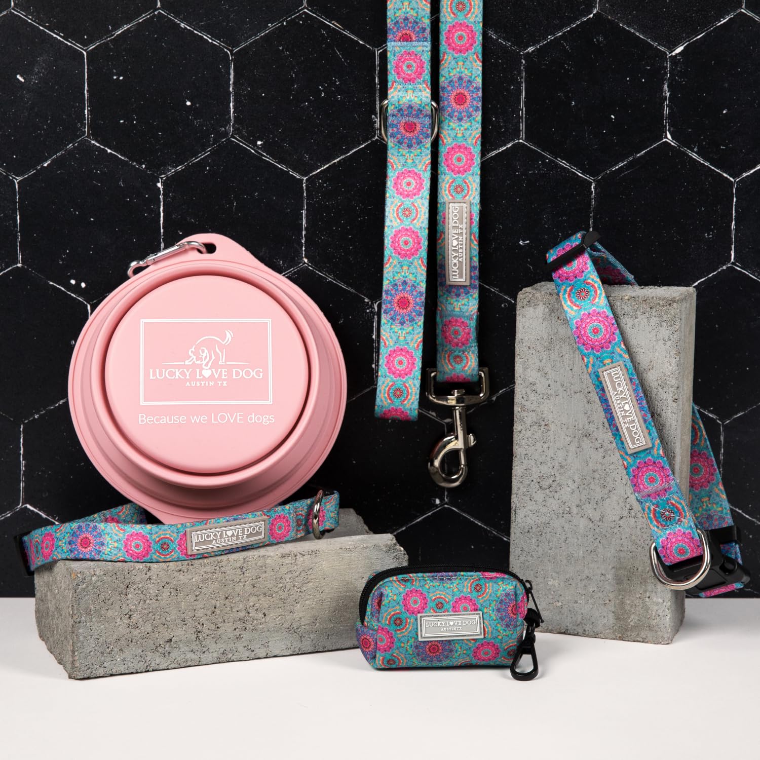 Lucky Love Dog Martingale Dog Collar & Leash - Adjustable, No-Slip, Durable, Comfortable, Soft Webbing, & Stylish Patterned Coll