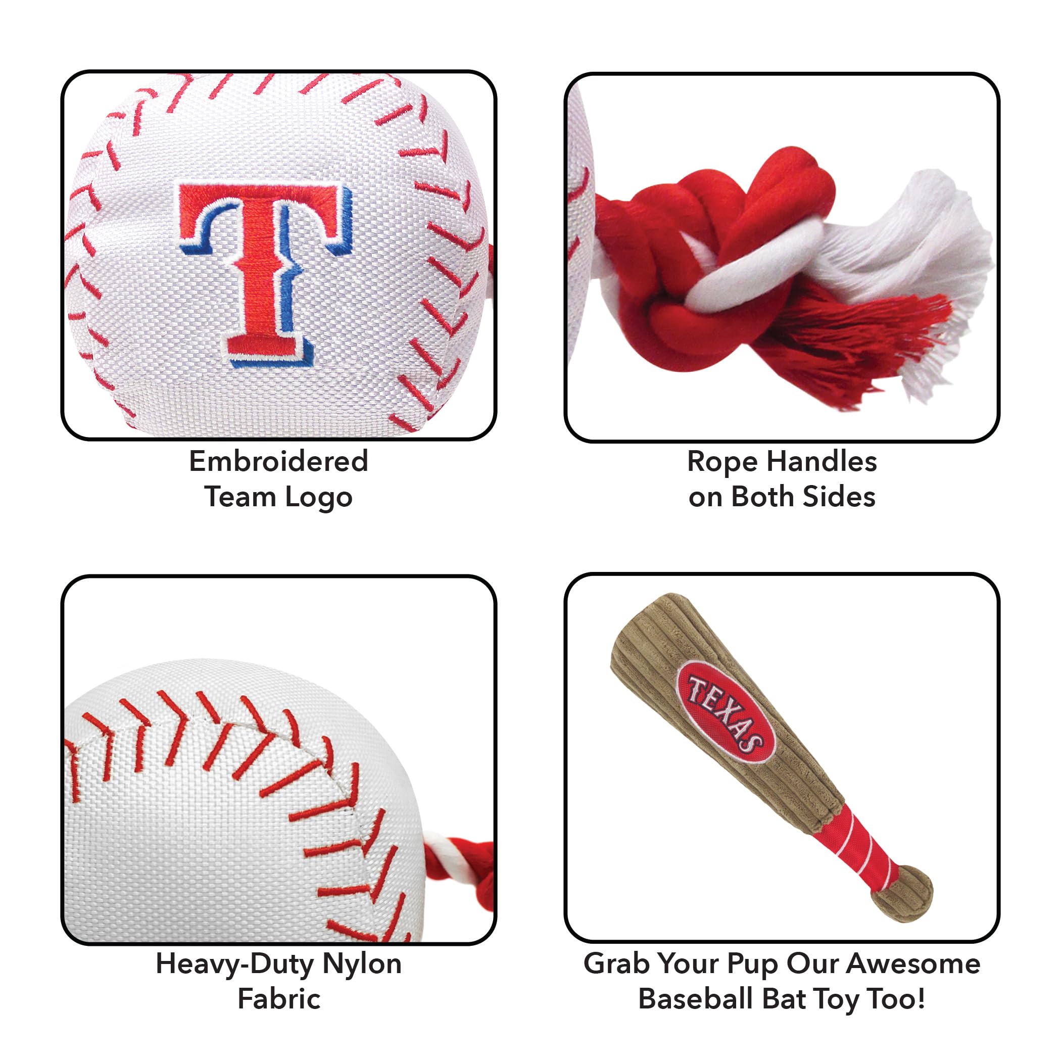 Mlb Texas Rangers Baseball Rope Toy For Dogs & Cats. Tough Nylon, Sporty Baseball Design, Heavy-Duty Ropes With Inner Squeaker