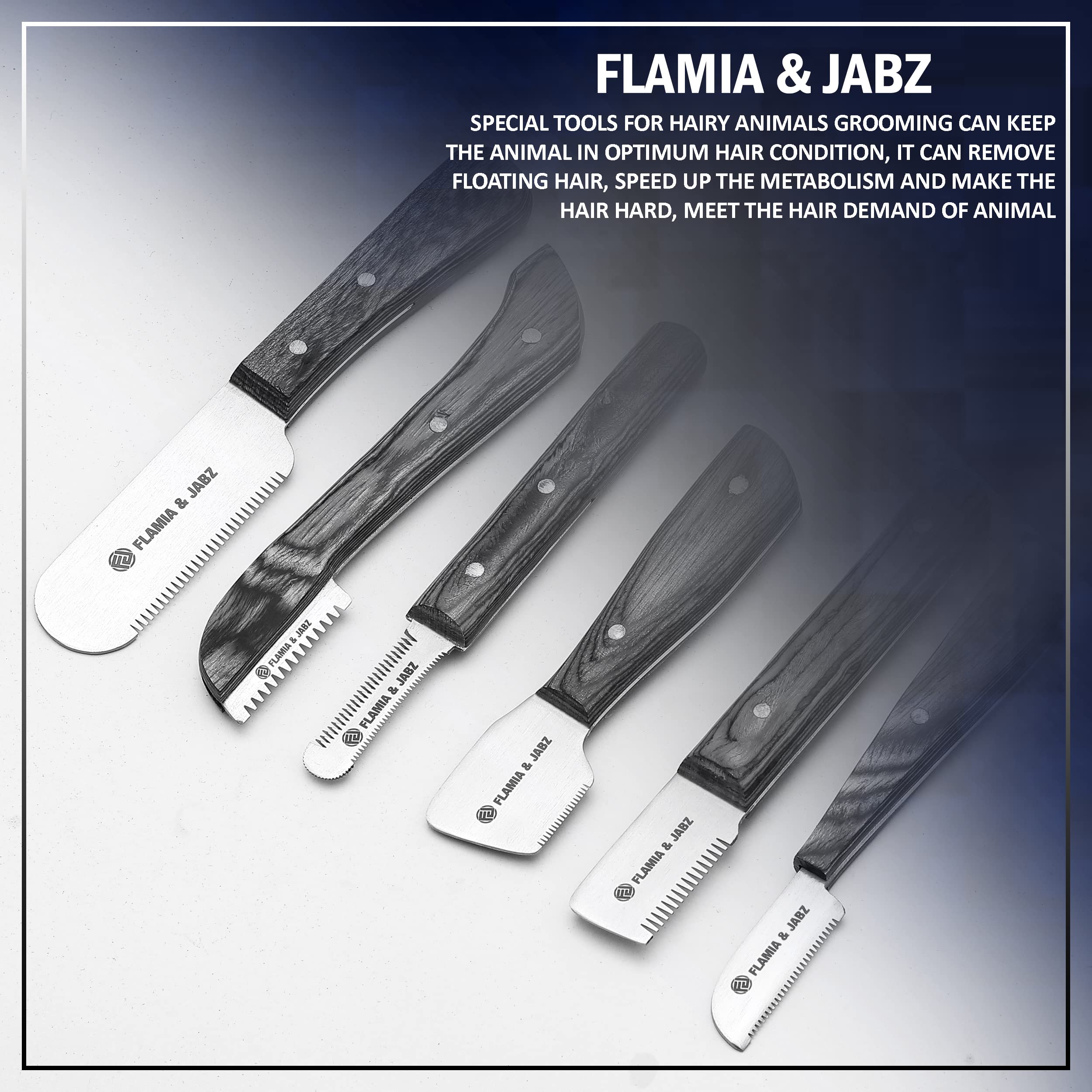 Flamia & Jabz Fj Professional Stripping Knife Kit (6 Pieces Set) For Dogs & Pets, Wooden Handle Grip With Stainless Steel Blade (Right Handed) (Black)