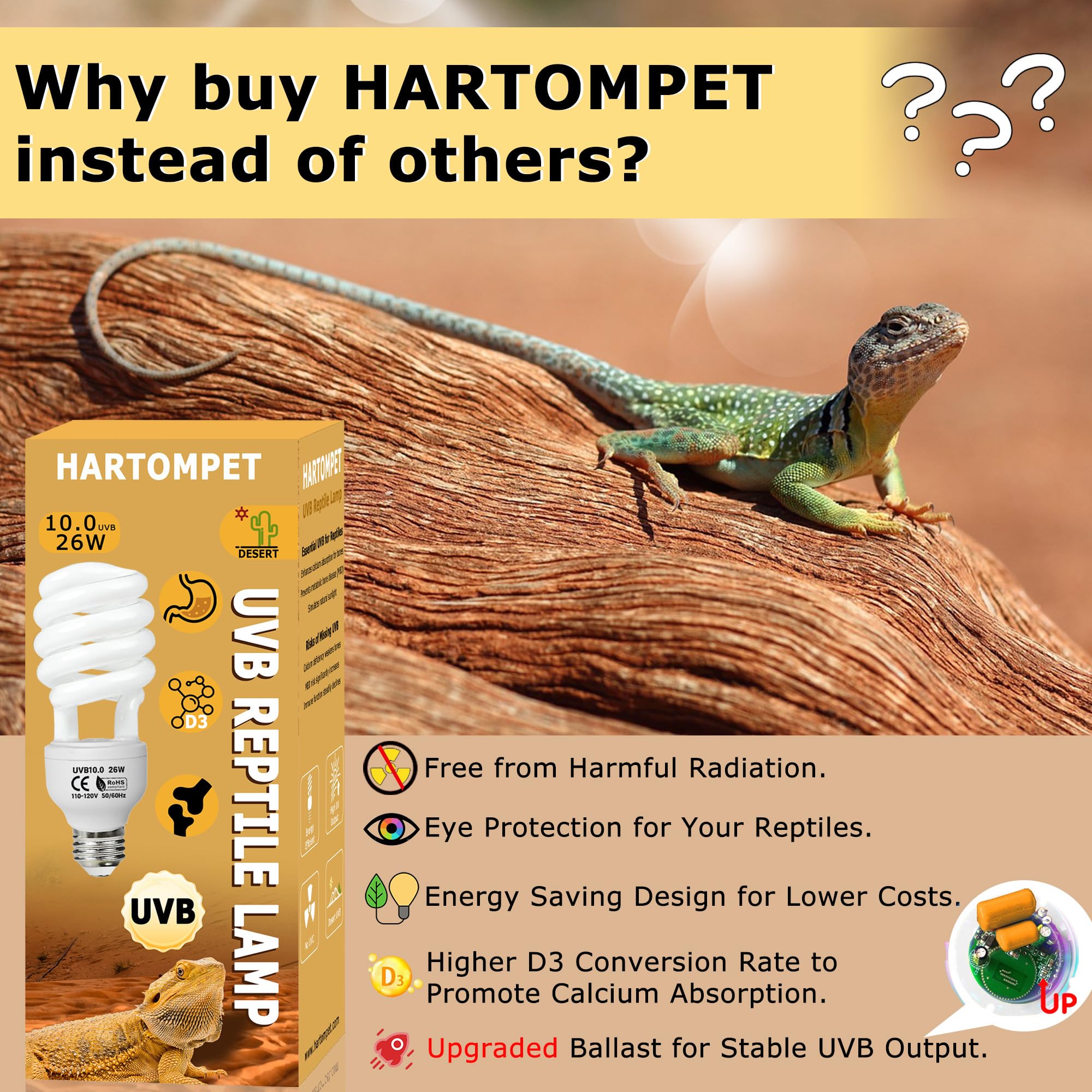 Hartompet Uvb 10.0 Reptile Light 26W, Compact Fluorescent Lamp, Coil Desert Bulb For Bearded Dragons, Lizards, Snakes, Geckos, A