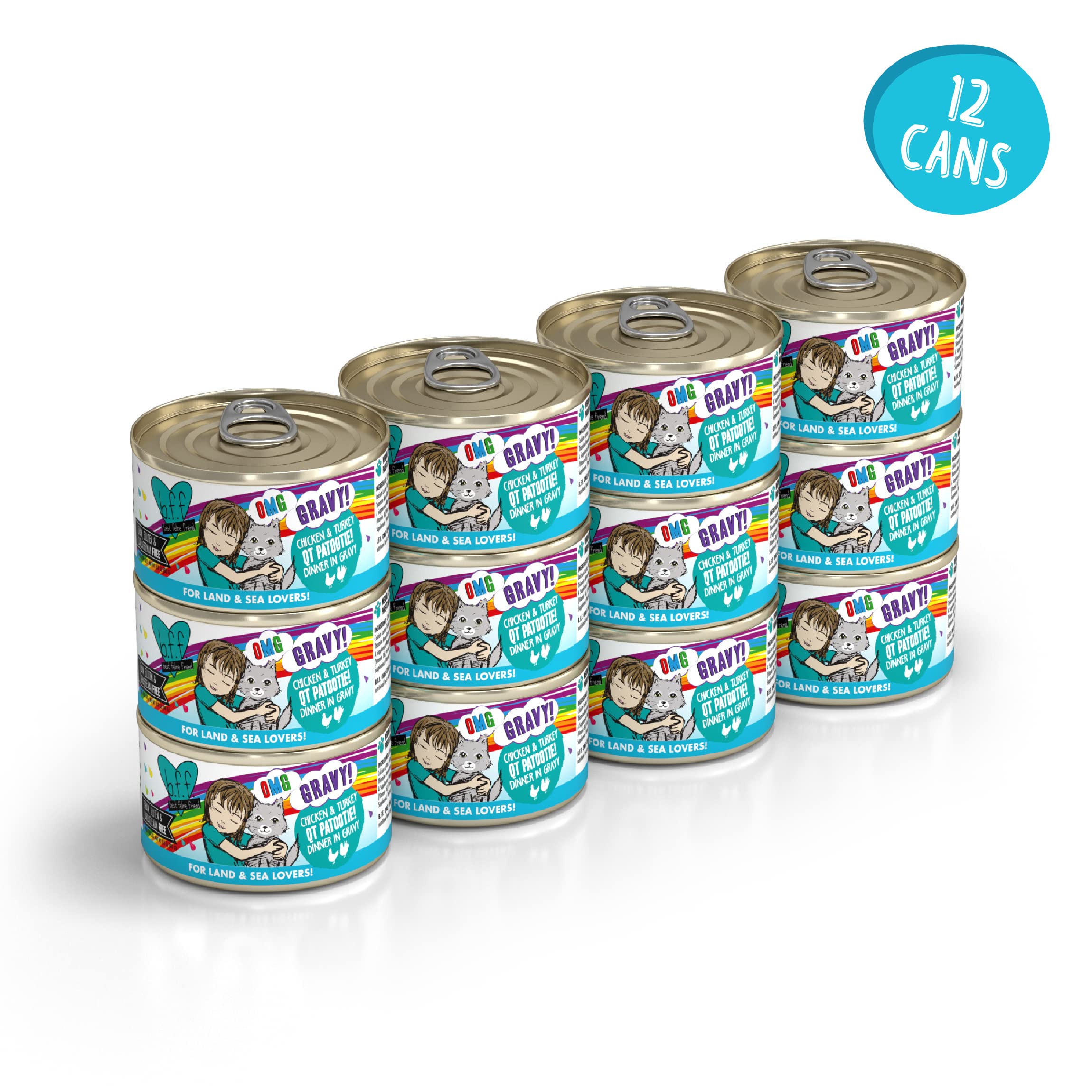 Weruva B.F.F. OMG - Best Feline Friend Oh My Gravy! Grain-Free Wet Cat Food Cans, QT Patootie! Chicken & Turkey, 2.8 oz Can (Pac