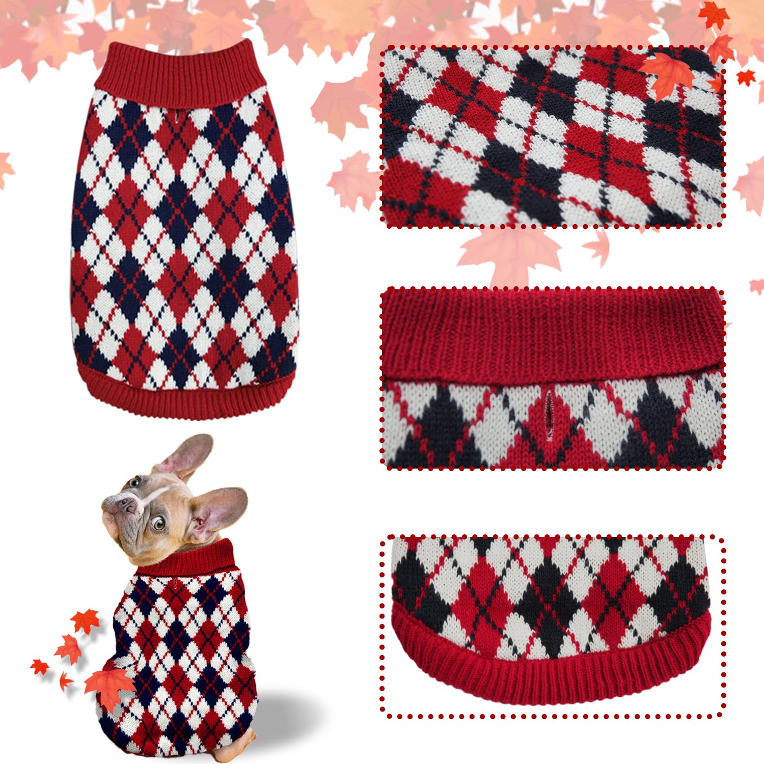Dog Sweater Knitted Pet Clothes Classic Winter Outfit with Plaid Red Argyle Patterns Warm Dog Turtleneckr Sweatshir for Small Me