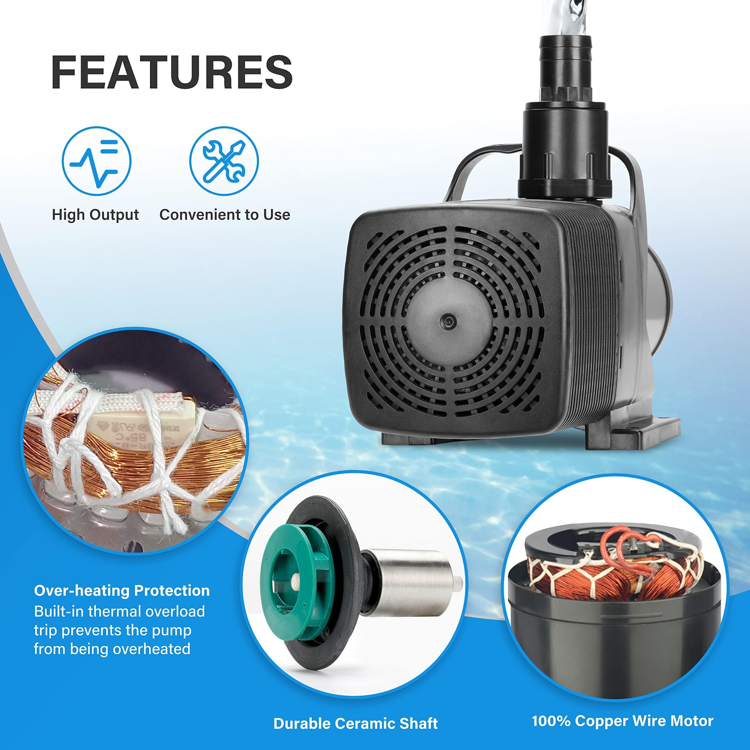 Simple Deluxe 180W 2642GPH Submersible Water Pump(10000L/H), Ultra Quiet(20.7ft High Lift), with 16ft Power Cord for Fish Tank,
