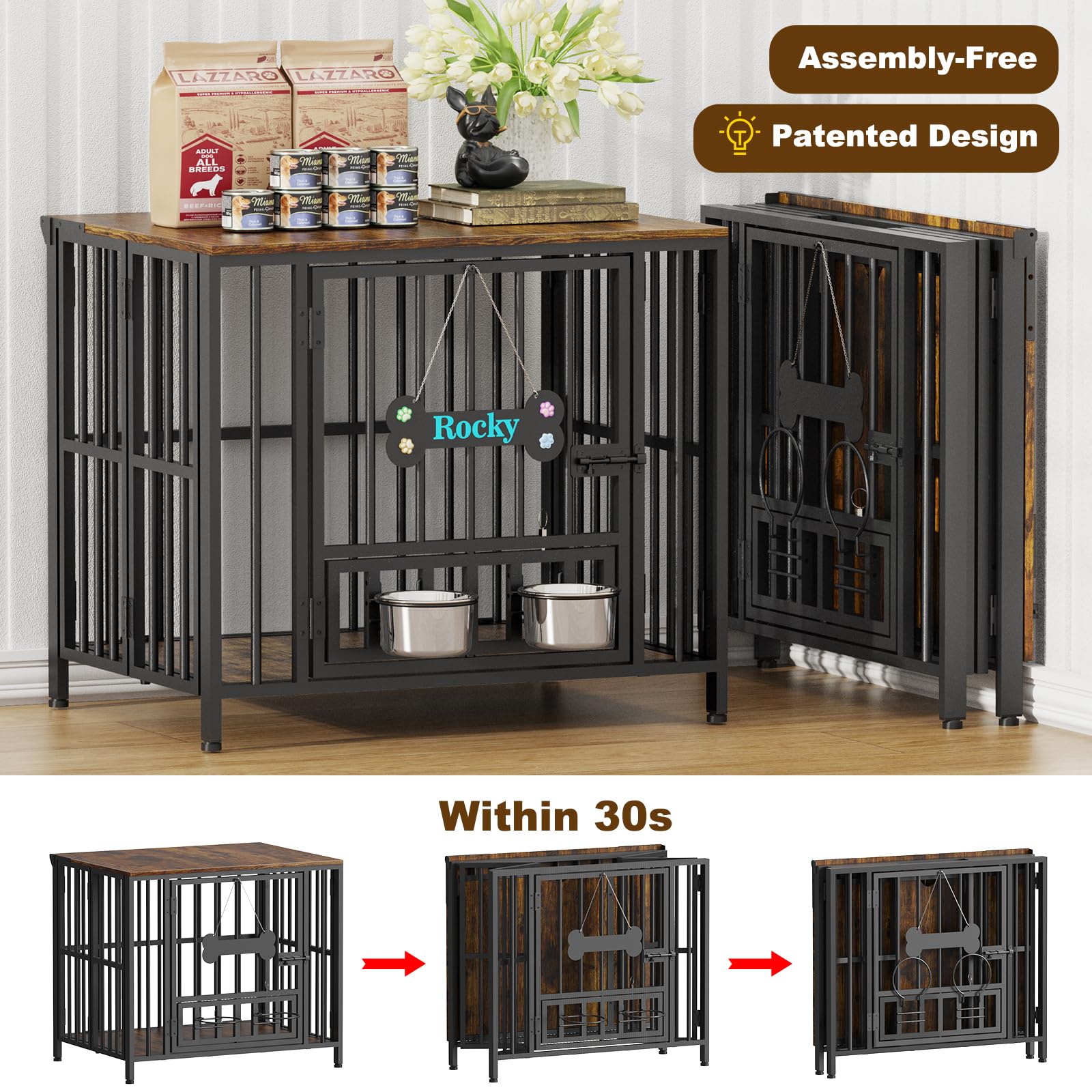 Easycom 27 Dog Crate Furniture Foldable, No Assembly Decorative Dog Kennel Indoor, Dog Crates for Small Dogs (Under 20 lb), Wood