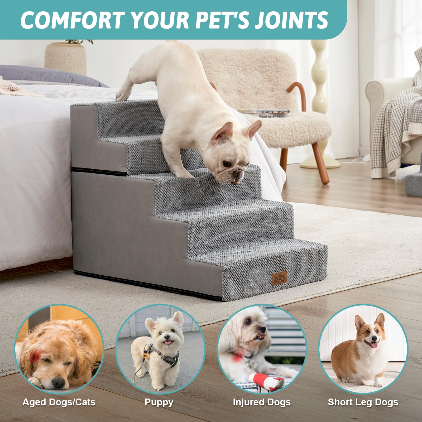 COZY KISS Dog Stairs - 5 Tier Non-Slip Pet Steps for Small Dogs, 23.6" H, 19.7x29.5", Grey, Removable High