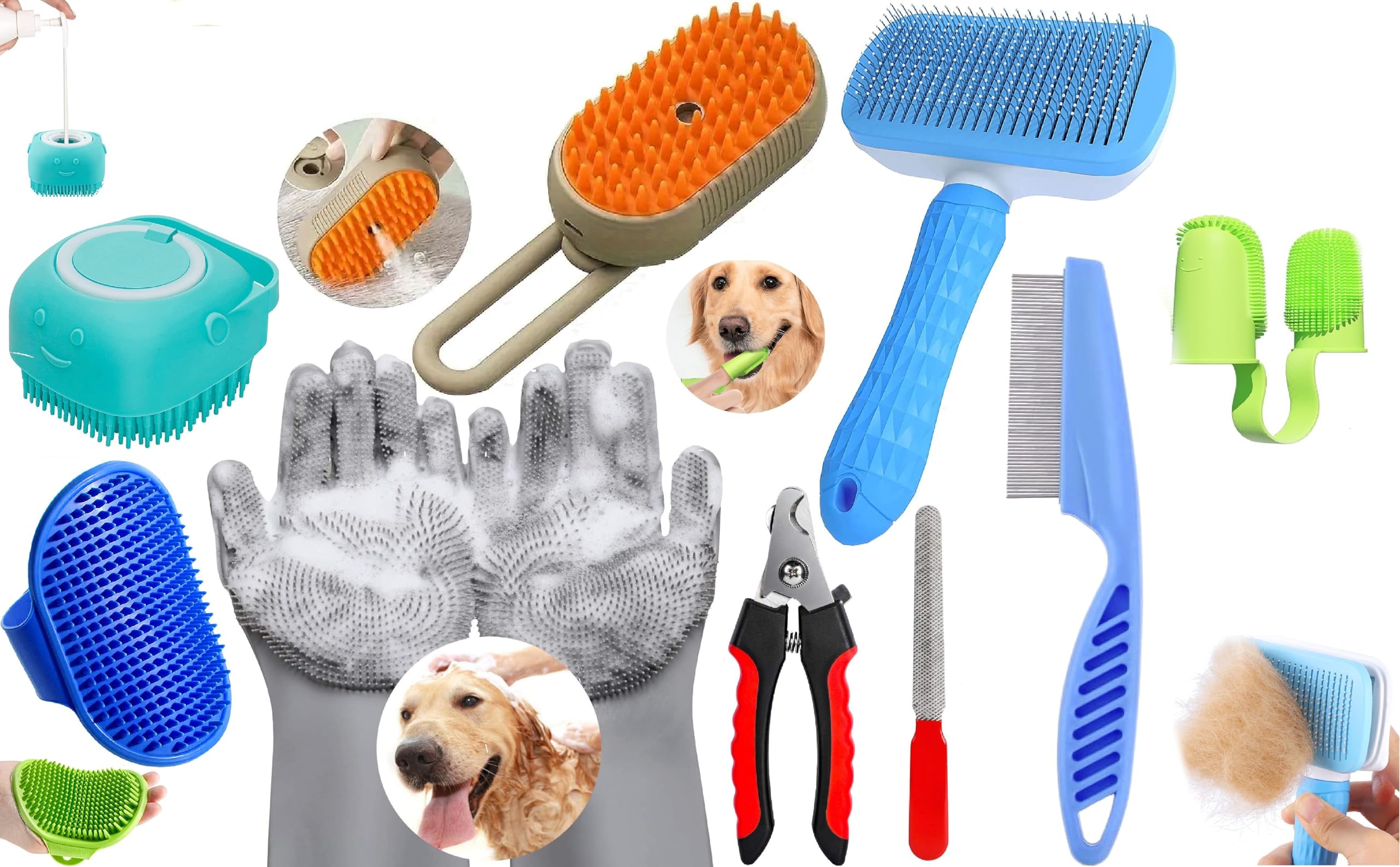 Deriz 8 In 1 Pet Grooming Kit Dog Cat Deshedding Brush Bath Scrubber Grooming Glove Claw Clipper File Comb Fur Remover Finger To