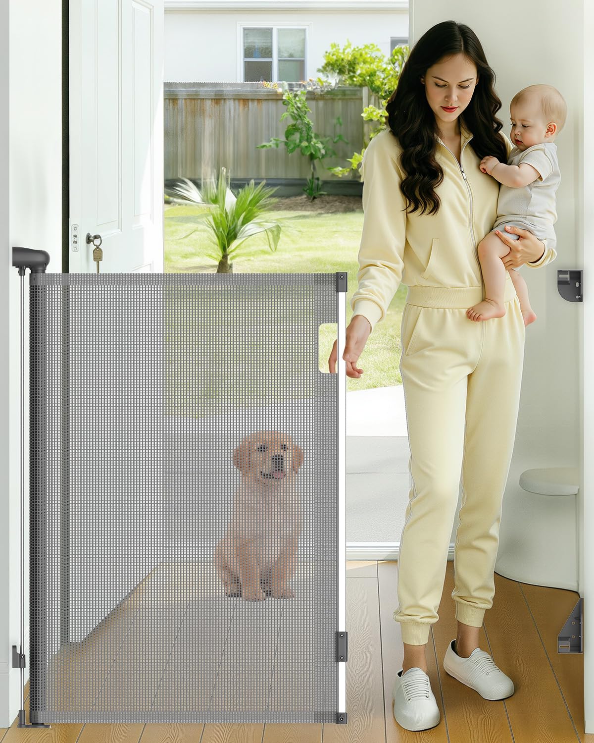 TrusTot Retractable Baby Gate, 38 Extra Tall Mesh Baby Gate with Auto-Tension Design, 55 Wide One-Hand Operation Dog Gates for D