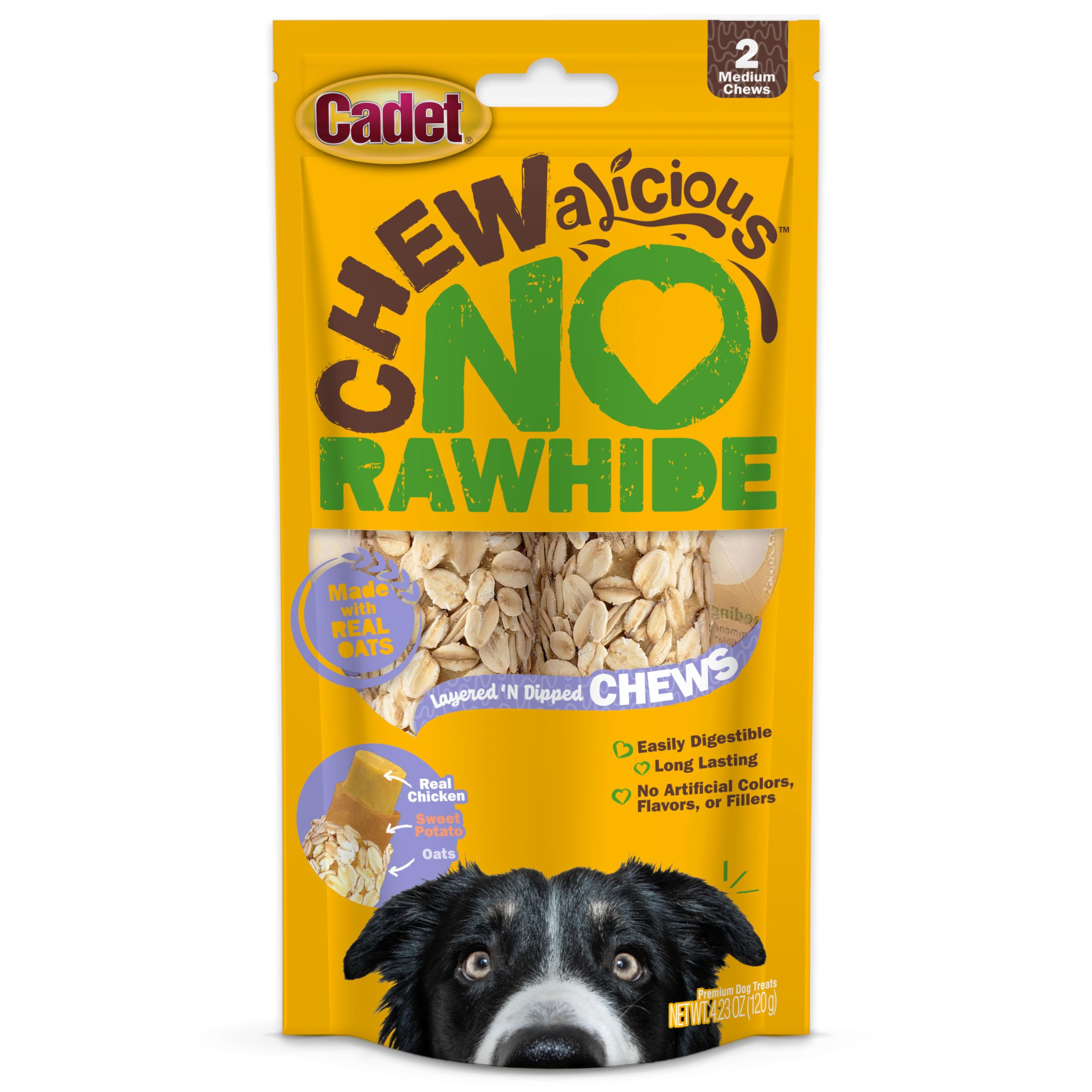 Cadet Chewalicious Layered N Dipped with Oats, Rawhide-Free Dog Chews, Limited-Ingredient & Long-Lasting Chew Treats for Dogs, 