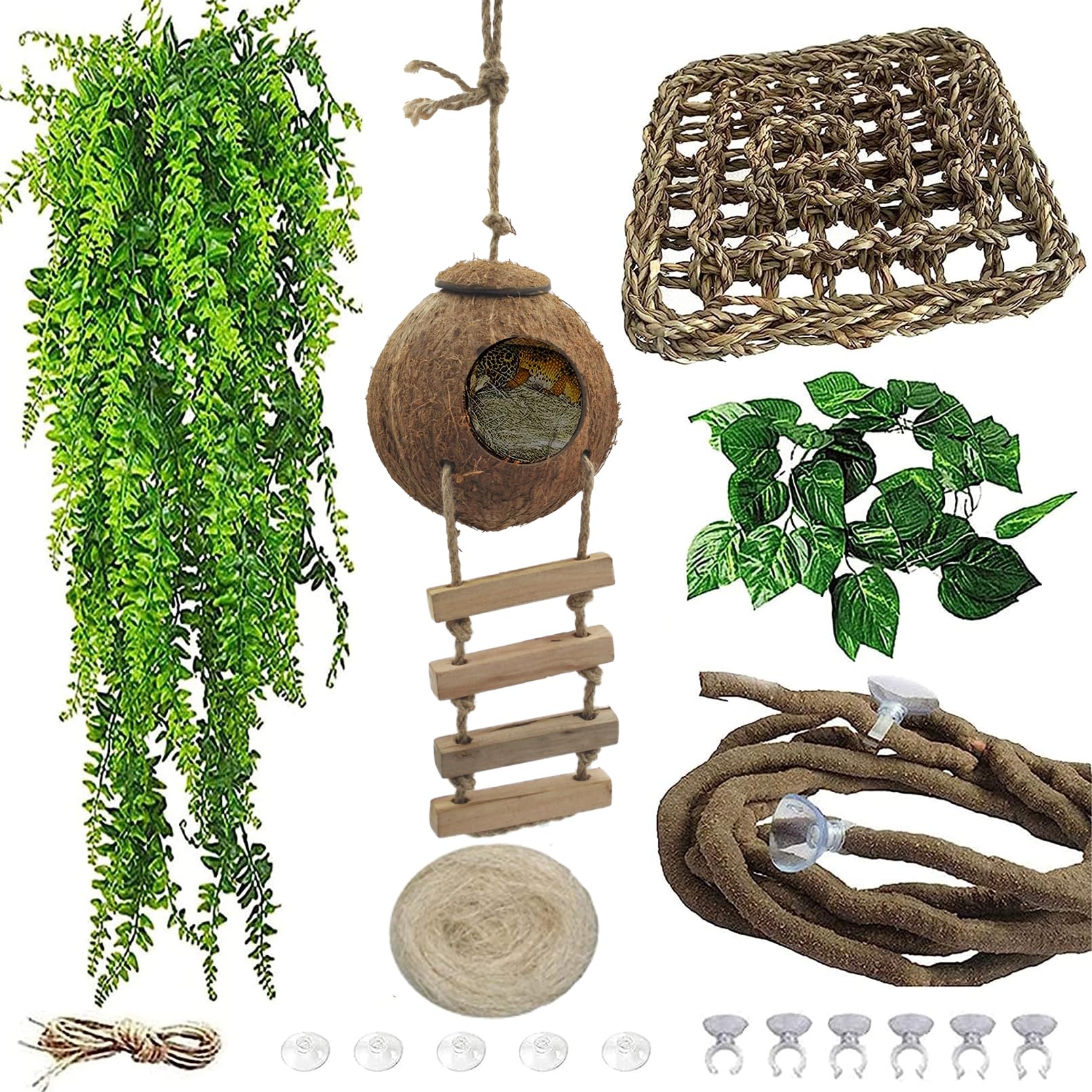 Muyg 5Pcs Coconut Hut For Gecko, Lizard Coco Den With Ladder And Reptile Hammock Bearded Dragon Tank Accessories Climbing Hangin