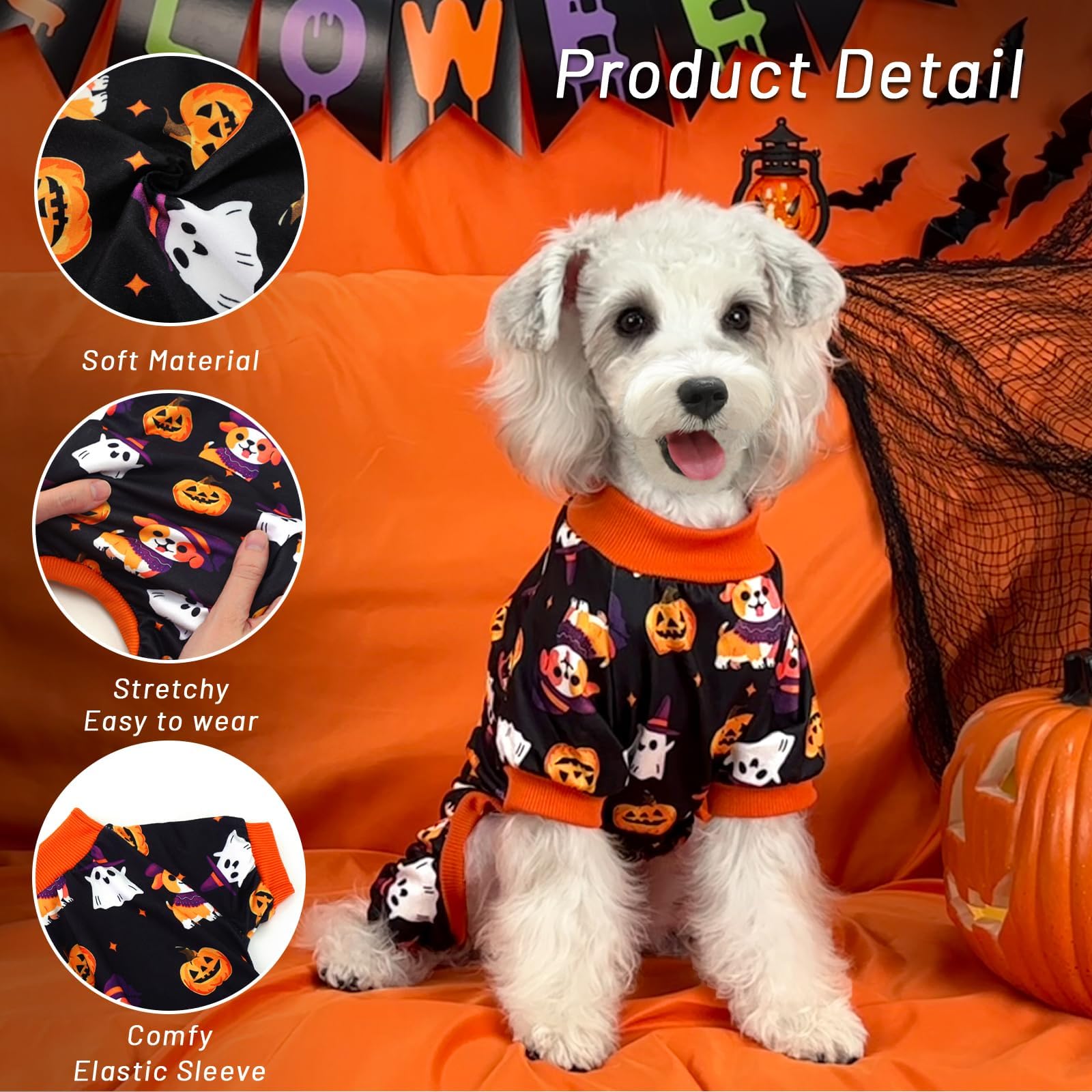 Xpudac Dog Halloween Pajamas For Small Medium Dogs Pumpkin Costume Soft Puppy Clothes Pet Outfit Doggy Jumpsuits,Medium