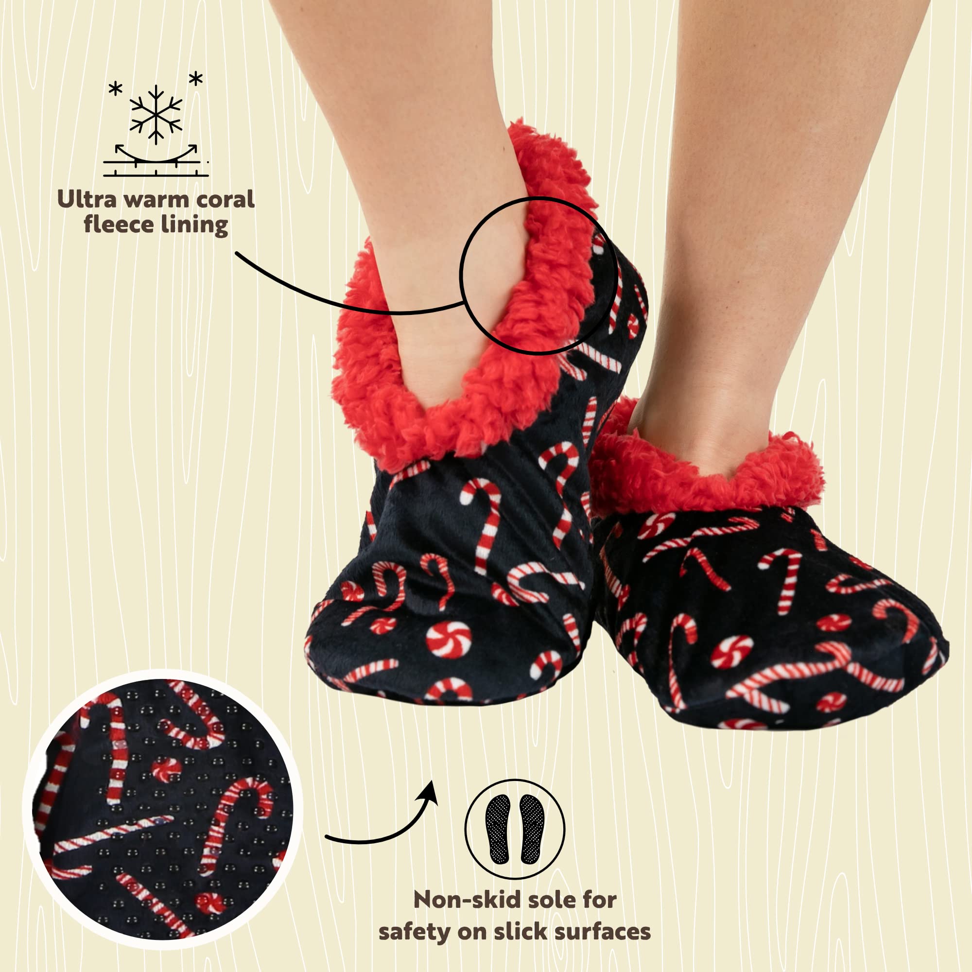 Lazy One Fuzzy Feet Slippers For Women, Cute Fleece-Lined House Slippers, Candy Cane, Non-Skid
