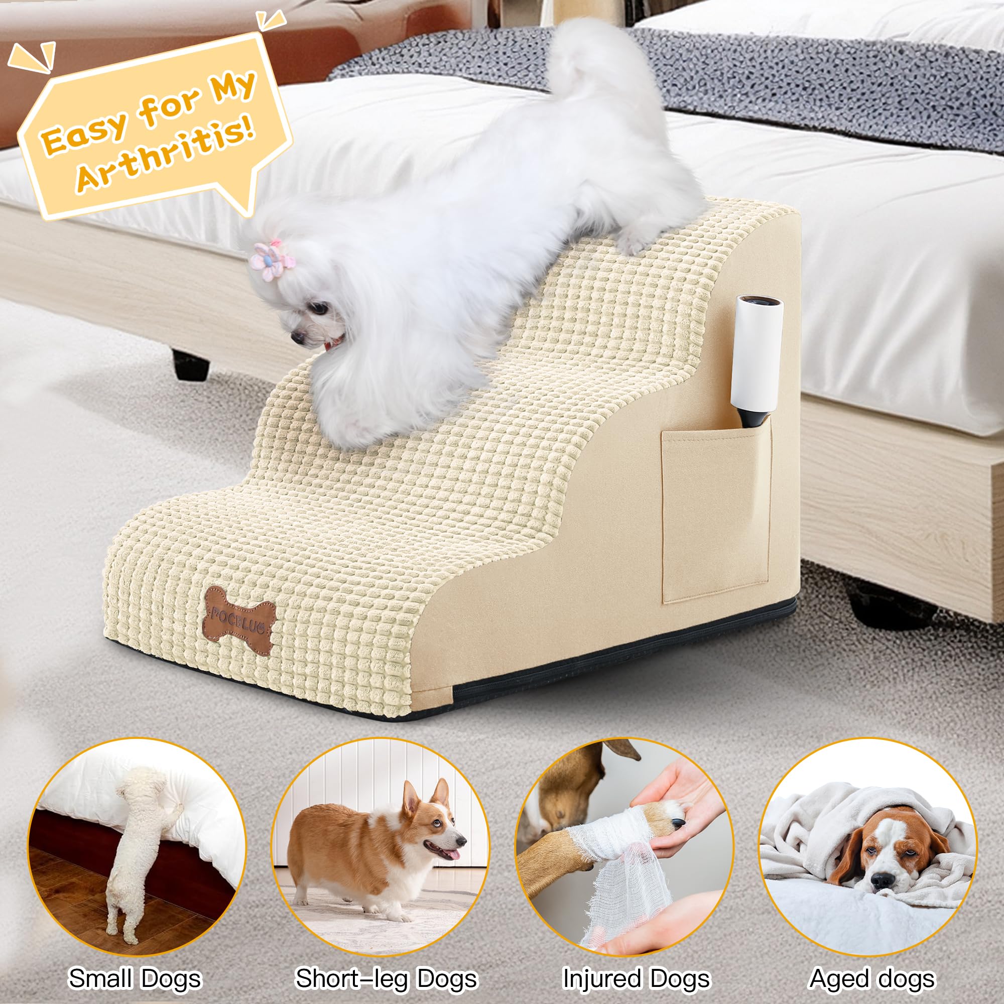 Dog Stairs For Small Dogs, Wide Pet Step With Removable Cover, No Assembly High Density Foam Cat Ramp For Bed Or Sofa, 3-Step, B