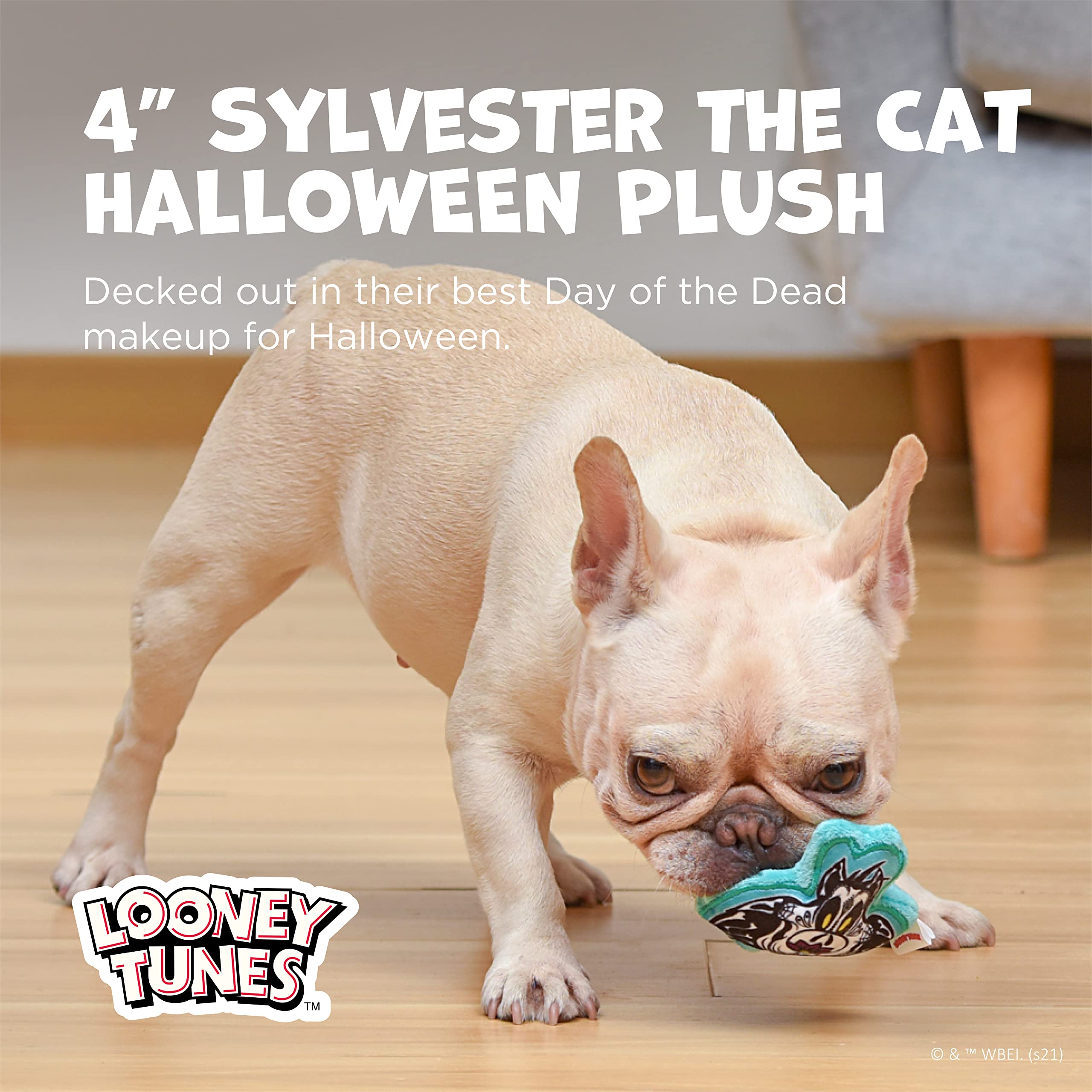 Looney Tunes Sylvester Day Of The Dead Plush Toy, Small Dog Toy, Flattie Squeaker, Officially Licensed Halloween Dog Chew Toy, 4 Inch