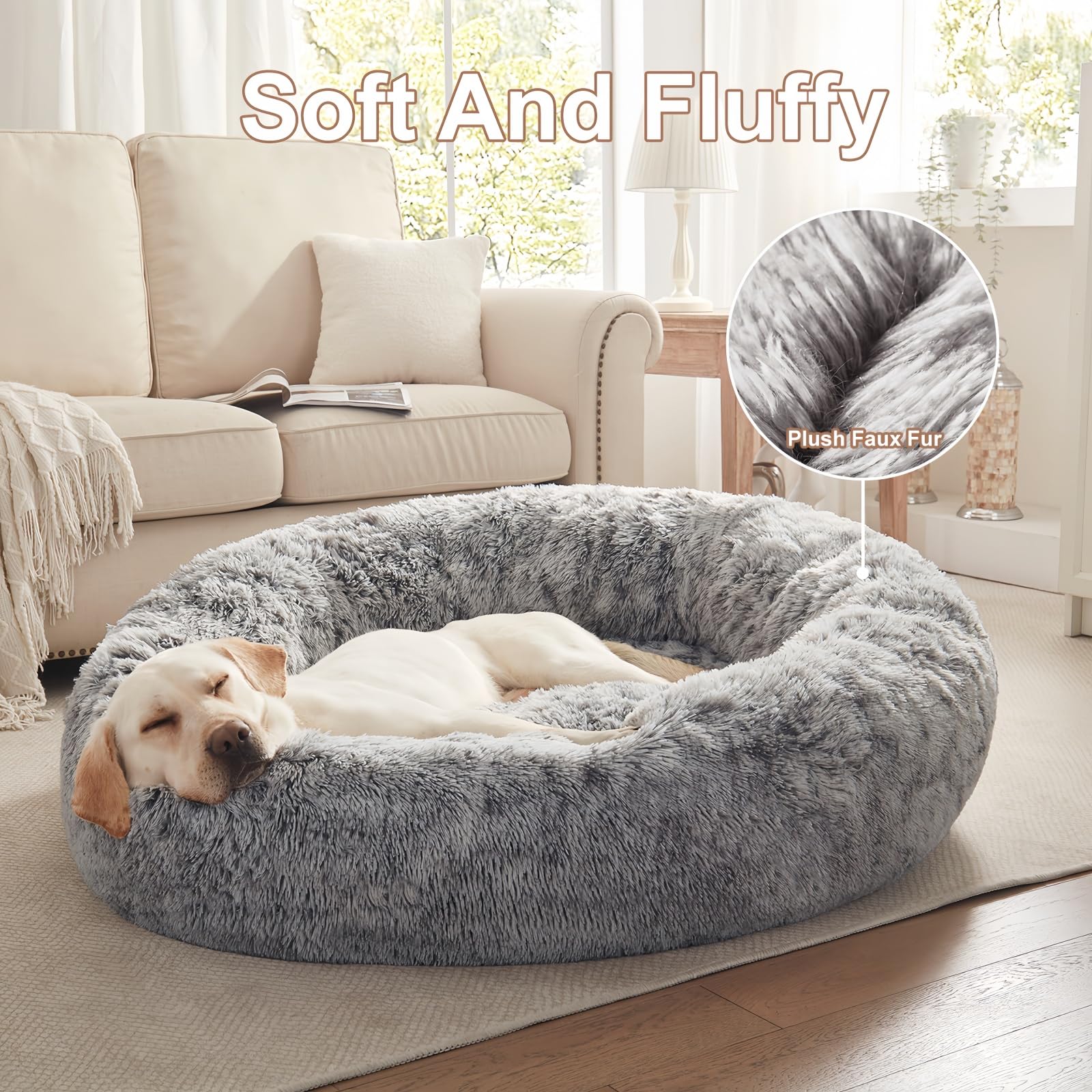BedStill 45 inches Donut Dog Bed for Extra Large Dogs,Calming Fluffy Round Jumbo Pet Bed with Removable & Washable Cover, Fits u
