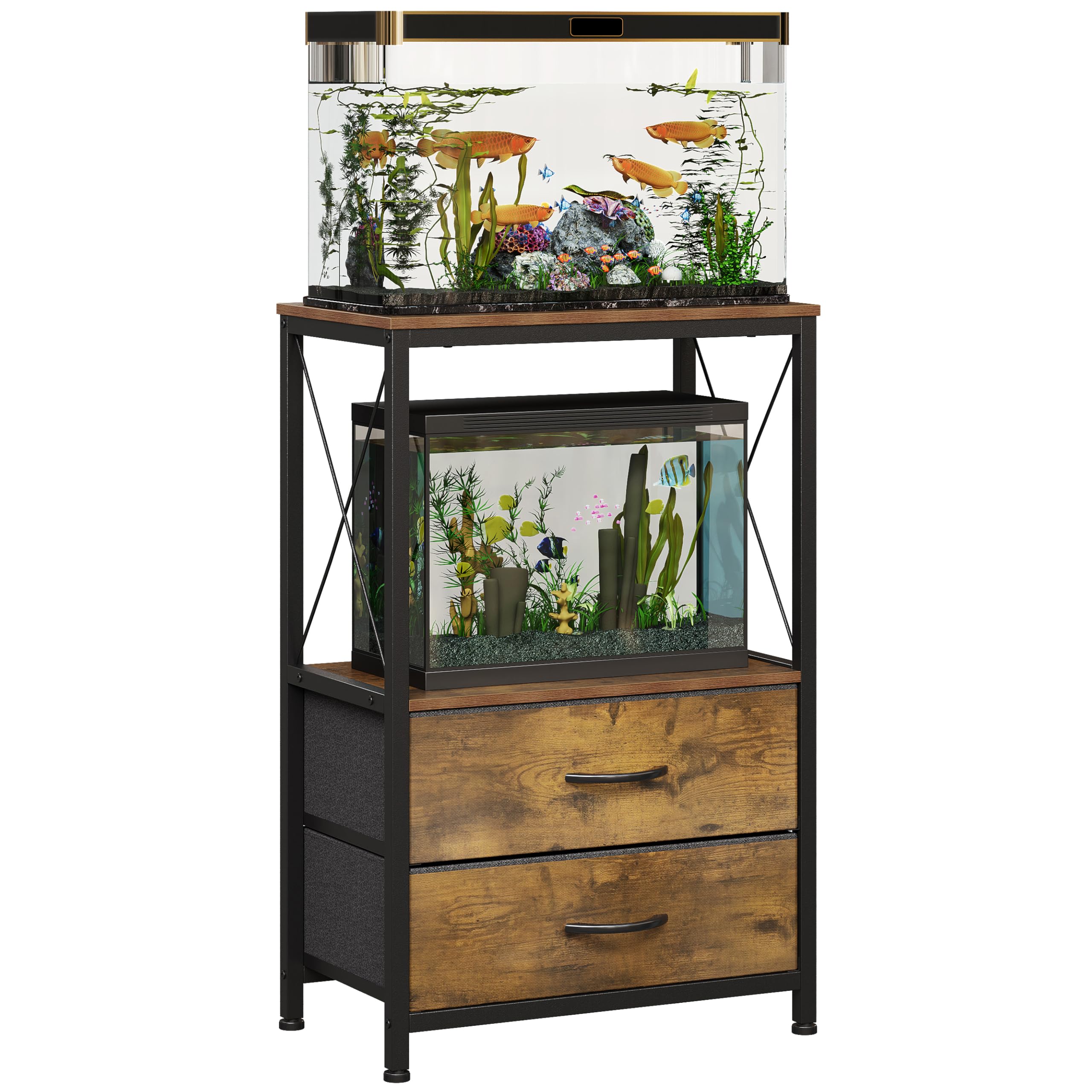 Welfuturer 10 Gallon Aquarium Stand with 2-Tier Shelf Fish Tanks Stand with 2 Drawers Metal Frame Heavy Duty Reptile TurtleTank 