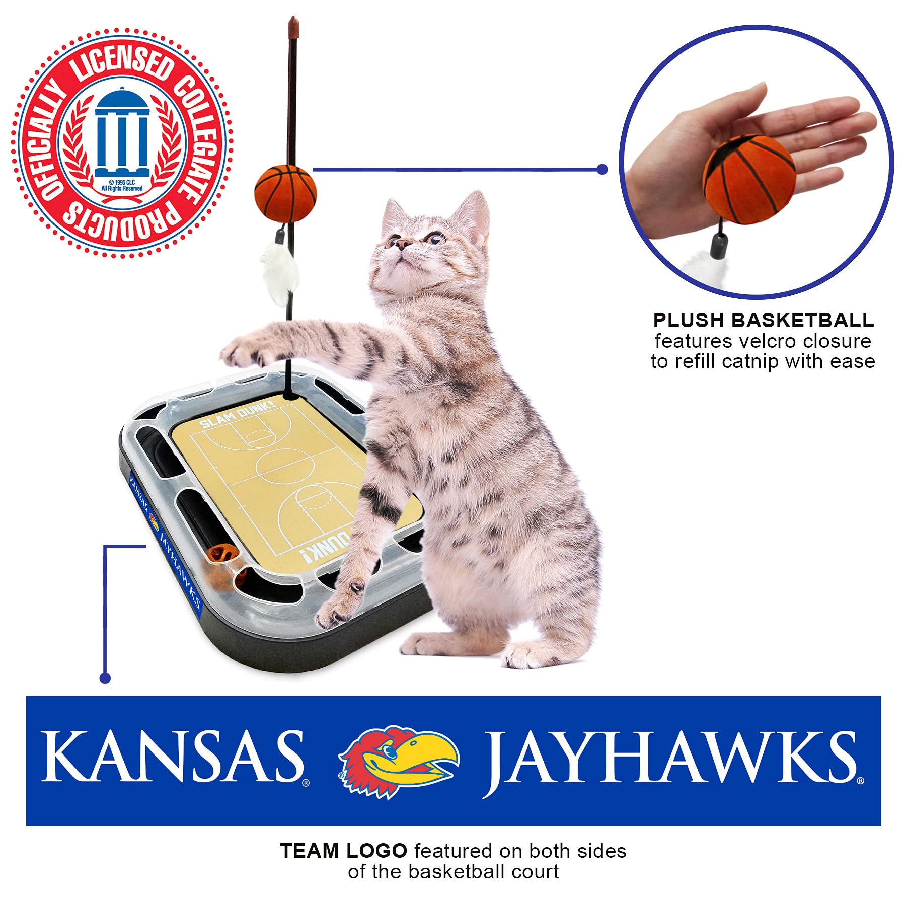 Ncaa Kansas Jayhawks Reversible Basketball Court Felt Cat Scratcher & 6-In-1 Interactive Cat Wand Poll Toy - Catnip-Filled Plush