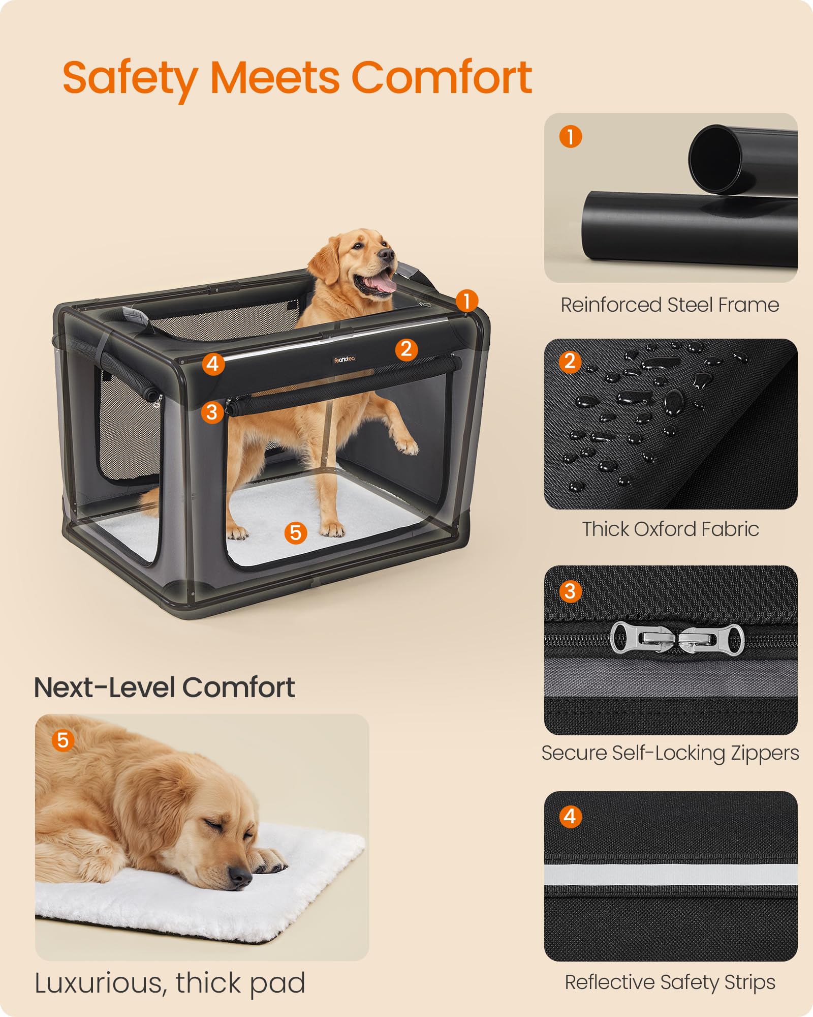Feandrea 36-Inch Collapsible Dog Crate - Portable XL Oxford Fabric Pet Carrier, Ink Black with 4 Mesh Doors & Storage Pocket