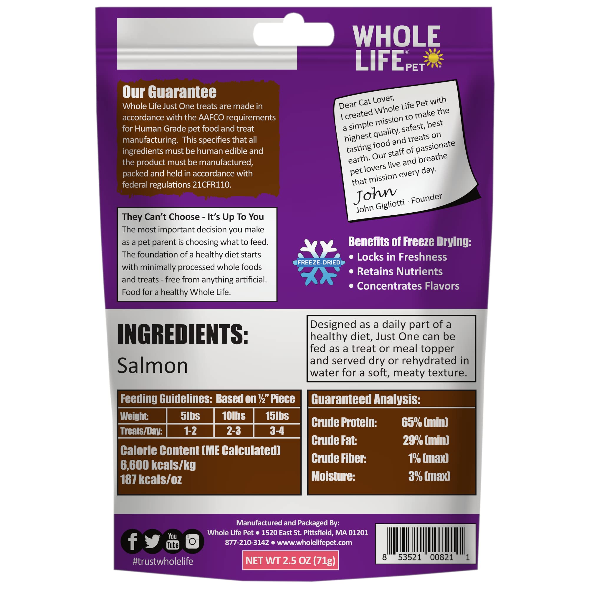 Whole Life Cat Just One Salmon Freeze Dried Cat Treats - Human Grade High Protein Food, Healthy Training Snacks, Freeze Dried Sa