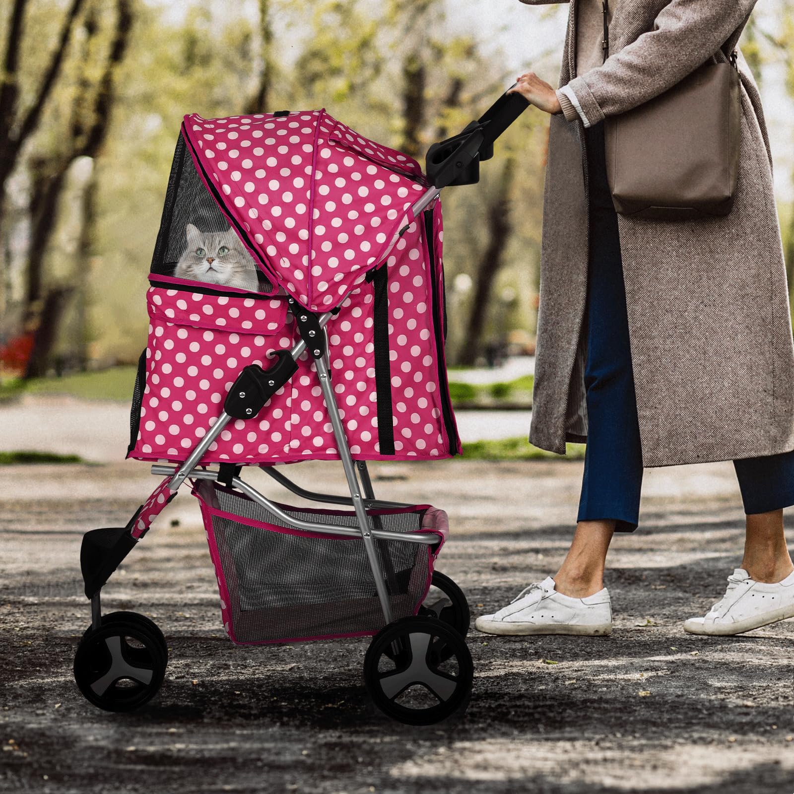 Monibloom 3 Wheels Pet Dog Cat Stroller For Small Medium Dogs Cats, Foldable Jogger Stroller W/Storage Basket And Cup Holder, Ho