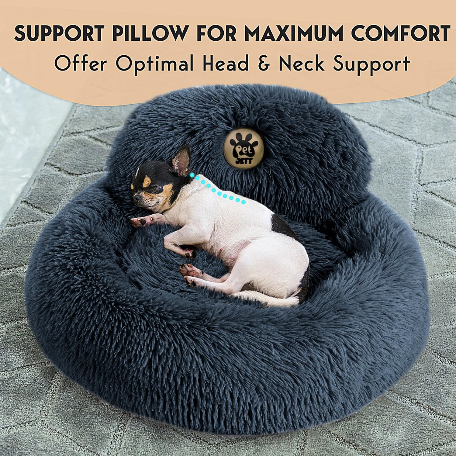 PetJett Calming Small Dog Bed - 23 Round Dog Beds, Anti-Slip & Washable Puppy Bed - Super Soft Fluffy Plush Faux Fur Pet Bed,