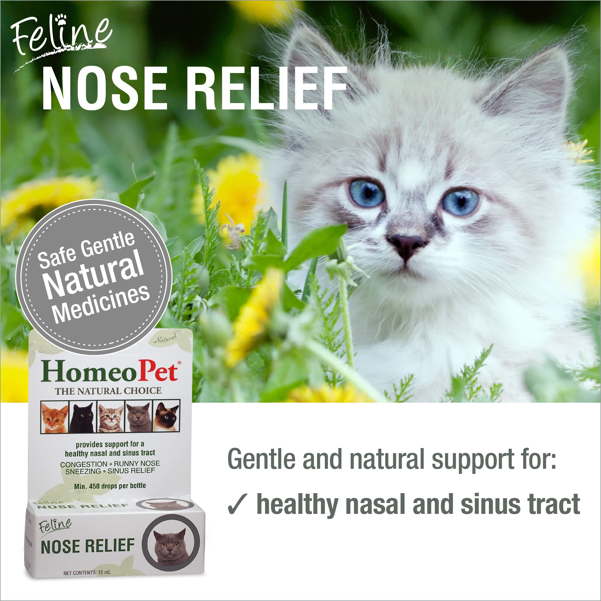 HomeoPet Feline Nose Relief, Safe and Natural Nasal and Sinus Supplement for Cats, 15 Milliliters