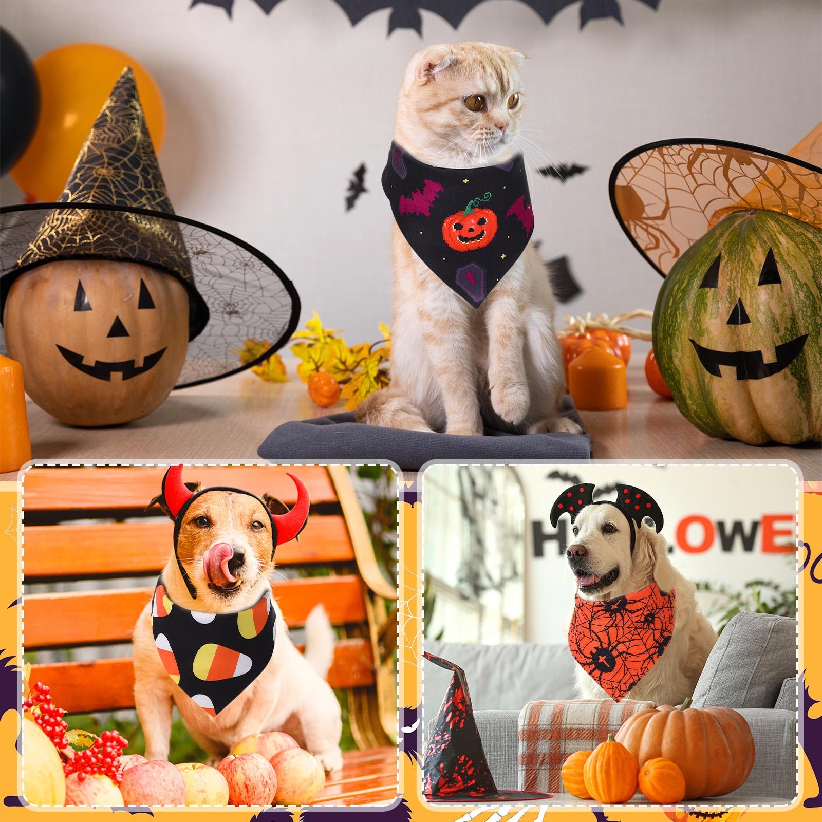 Abbylike 200 Pcs Halloween Dog Bandanas Bulk Pumpkin Bandanas for Dogs Pets Triangle Kerchief Bibs Scarf for Halloween Costume P