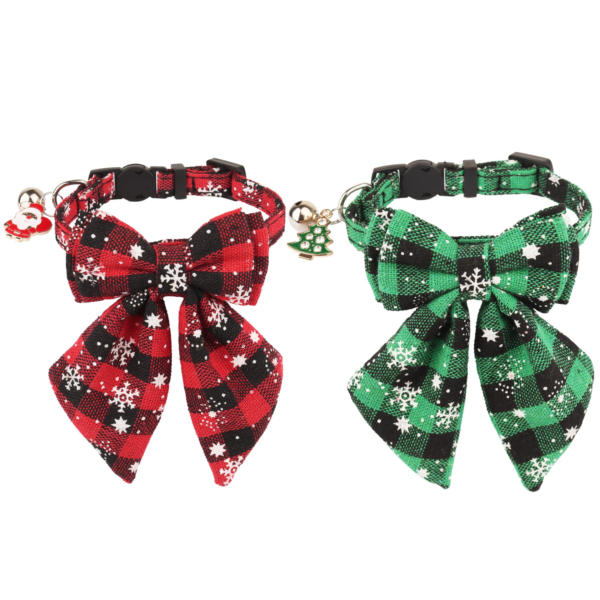 Adoggygo Christmas Cat Collars Breakaway With Stylish Bow, 2 Pack Red Green Plaid Christmas Kitten Collar With Bell, Removable Bowtie Cat Christmas Collar For Cats Kittens (6.5'- 8.5', Bow-2)