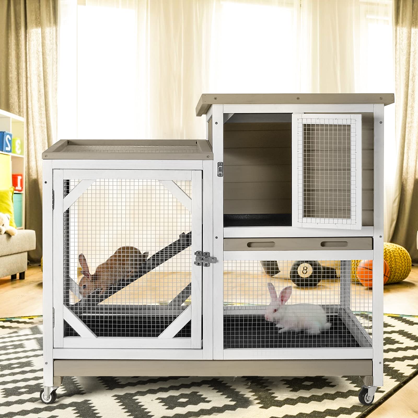 Gutinneen Indoor Outdoor Rabbit Hutch, Bunny Cage On Wheels With 2 Deep No Leakage Pull Out Trays (Without Bottom Wire Mesh)