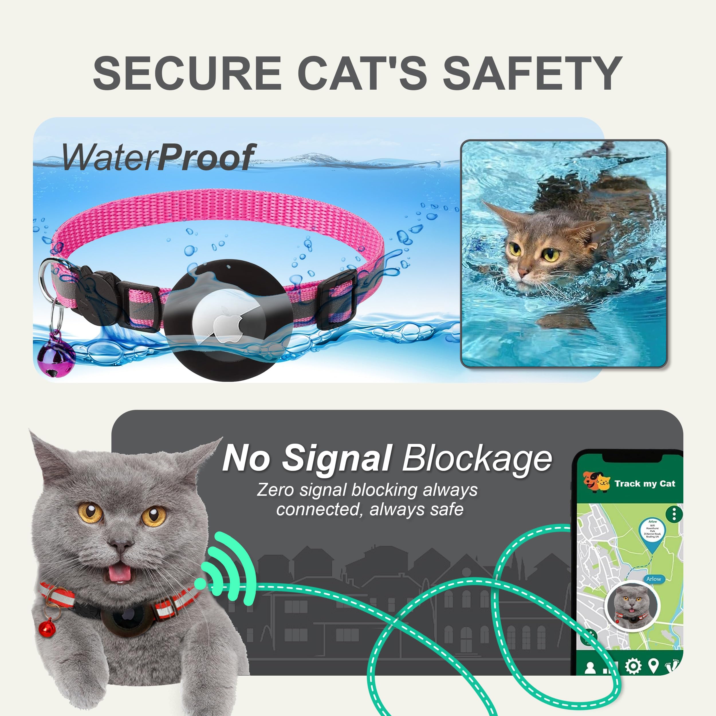 Zease 8 Breakaway Cat Collars With Bells And 2 Waterproof Airtag Holders, Reflective Cat Collar Airtag Holder, Safety Buckle, Ad