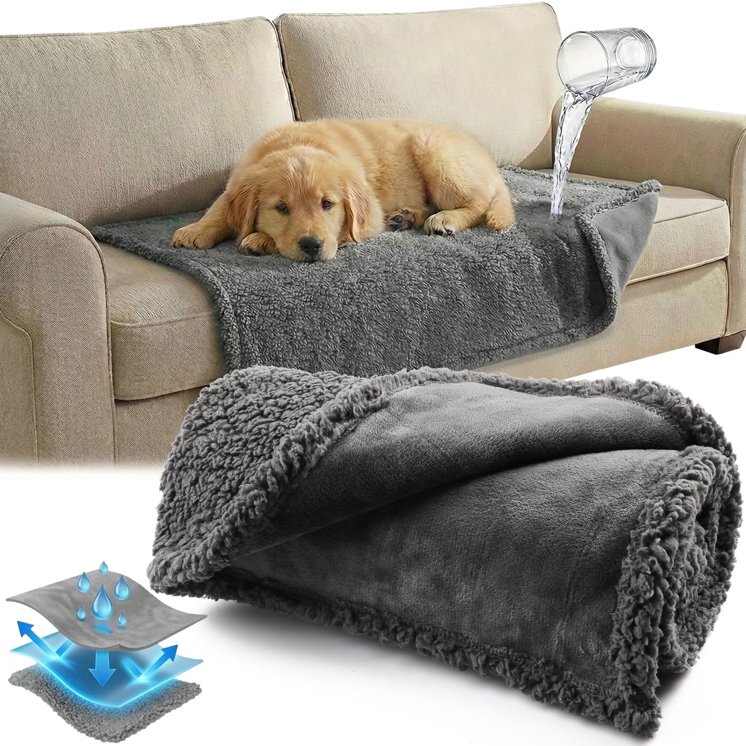 Onarway Waterproof Dog Blanket of Reversible Sherpa Fleece for Bed, Couch, Sofa, and Floor, 70cm100cm Waterproof Dog Bed Cover f